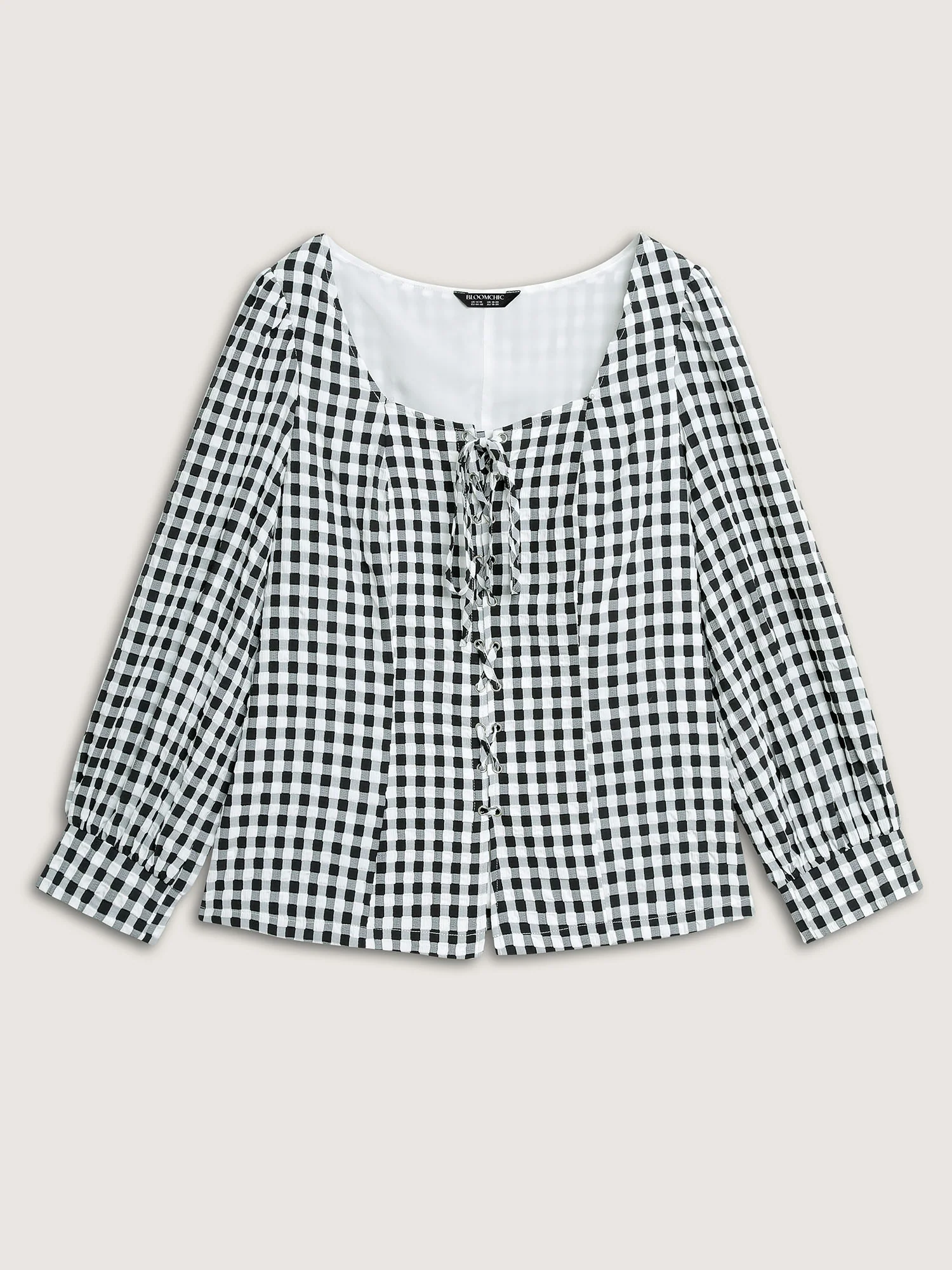 Checkered Crossover Tie Square Neck Blouse - Image 7