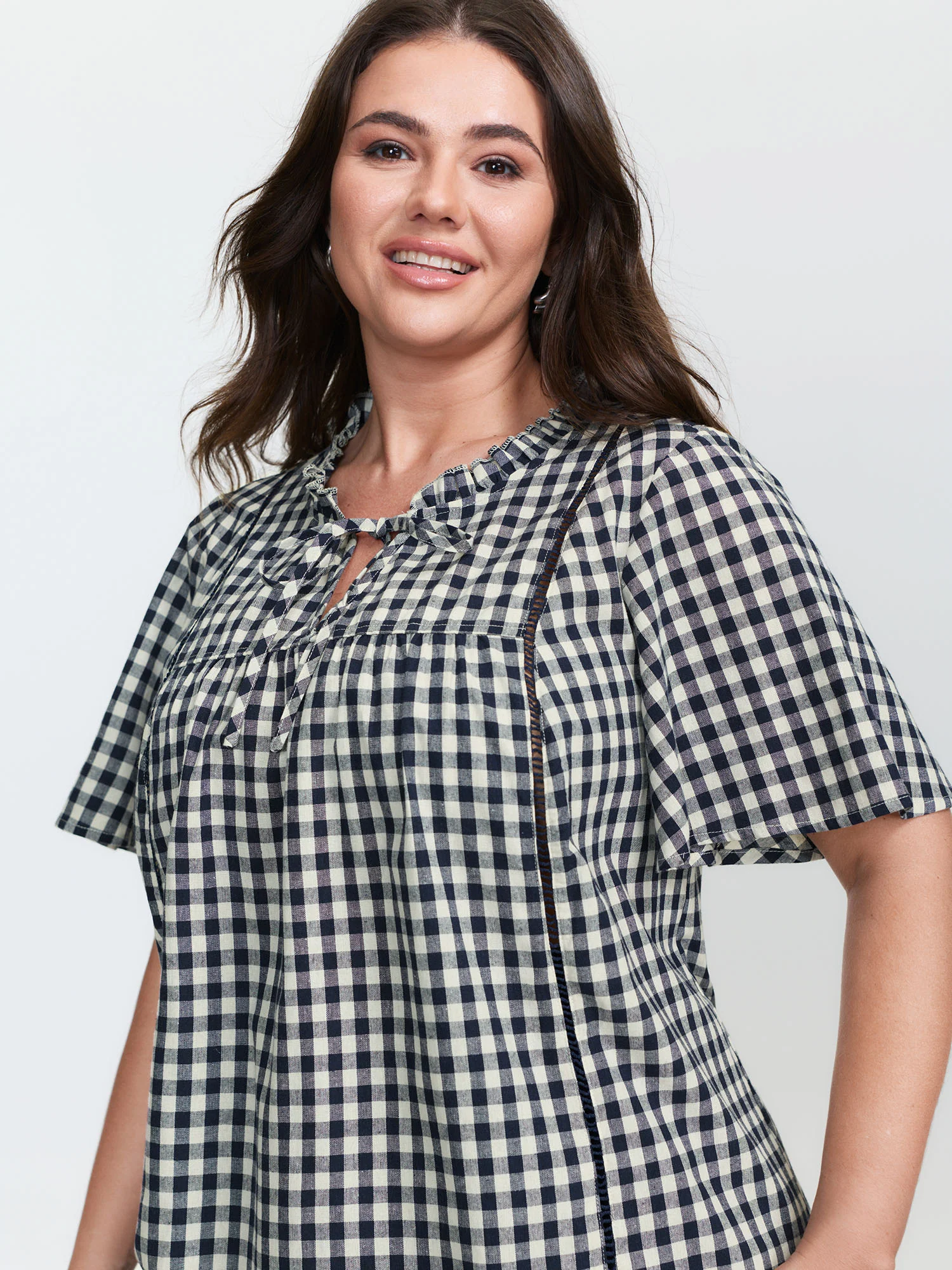 Checkered Drawstring Neckline Blouse - Image 2