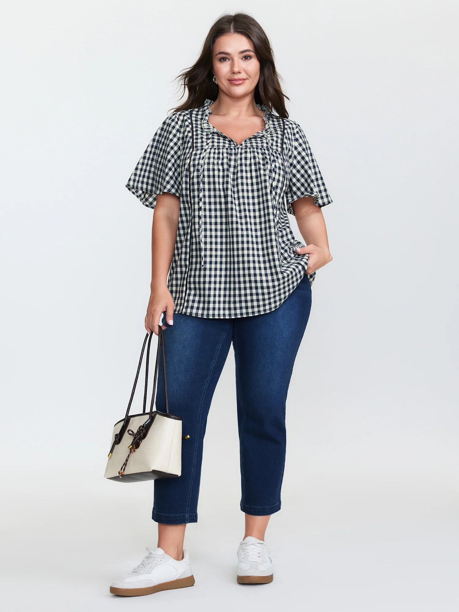 Checkered Drawstring Neckline Blouse - Image 3