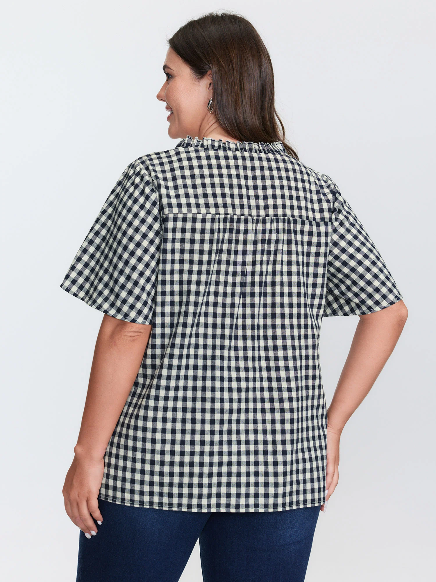 Checkered Drawstring Neckline Blouse - Image 5