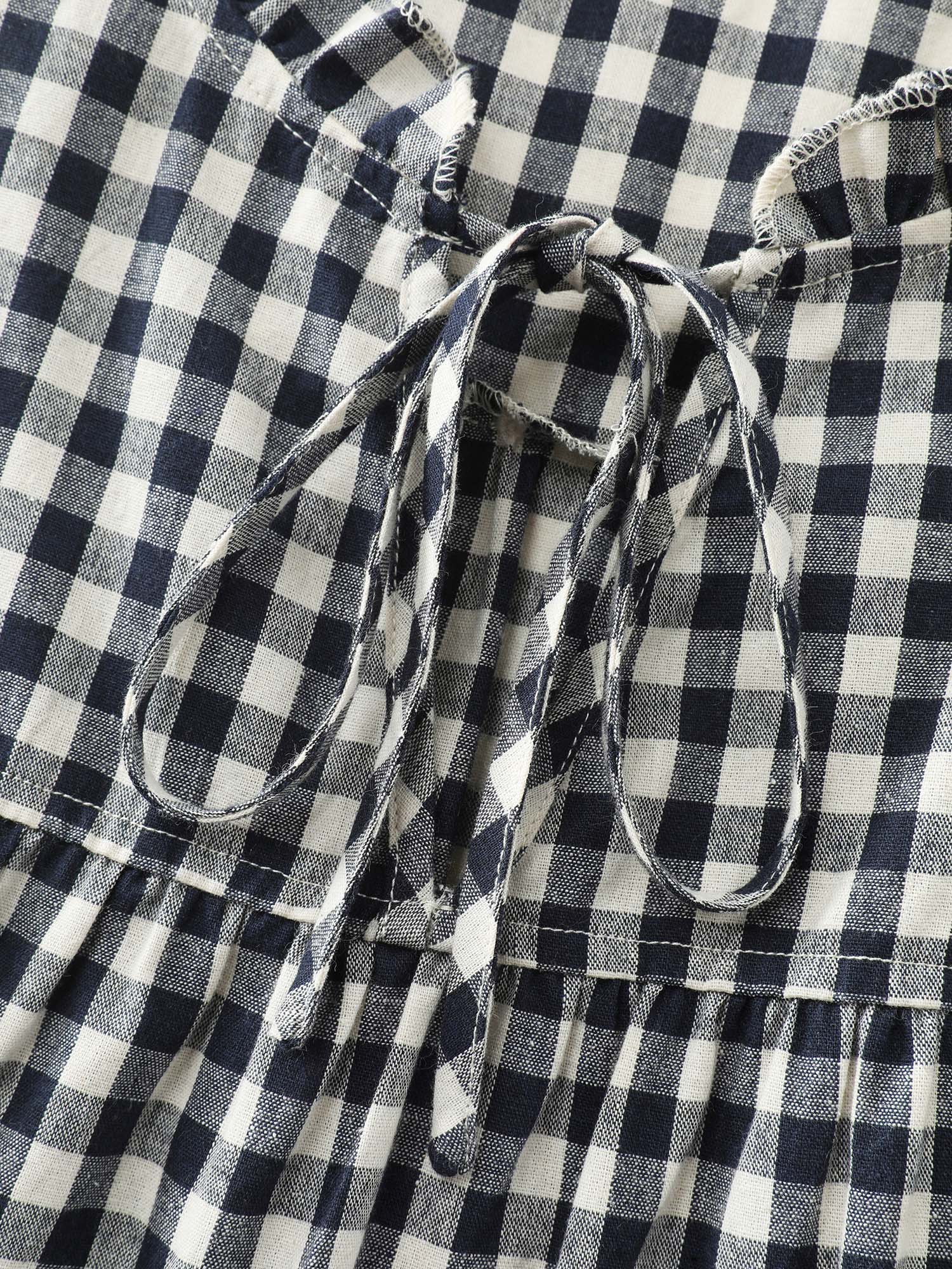 Checkered Drawstring Neckline Blouse - Image 6