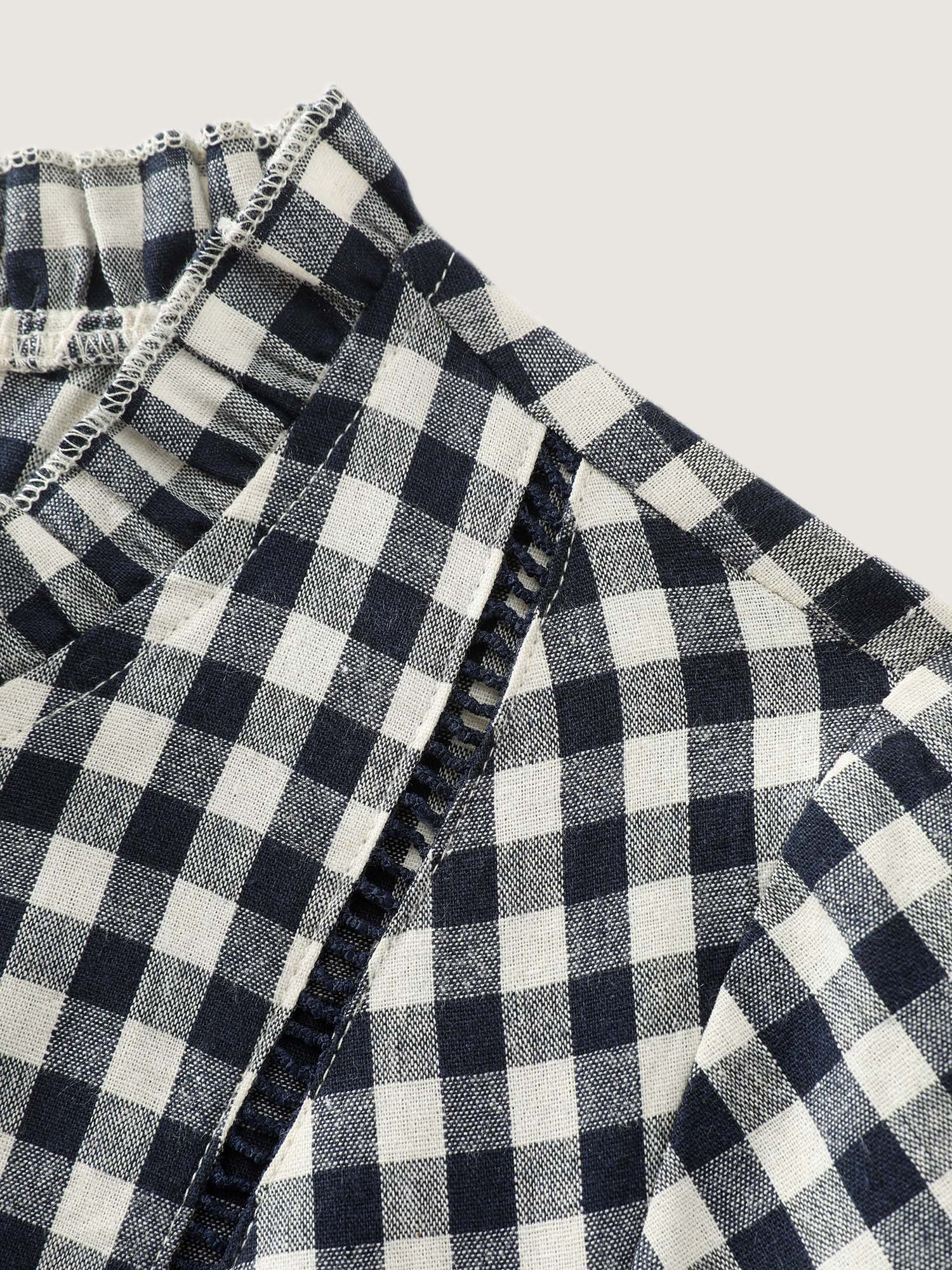Checkered Drawstring Neckline Blouse - Image 7