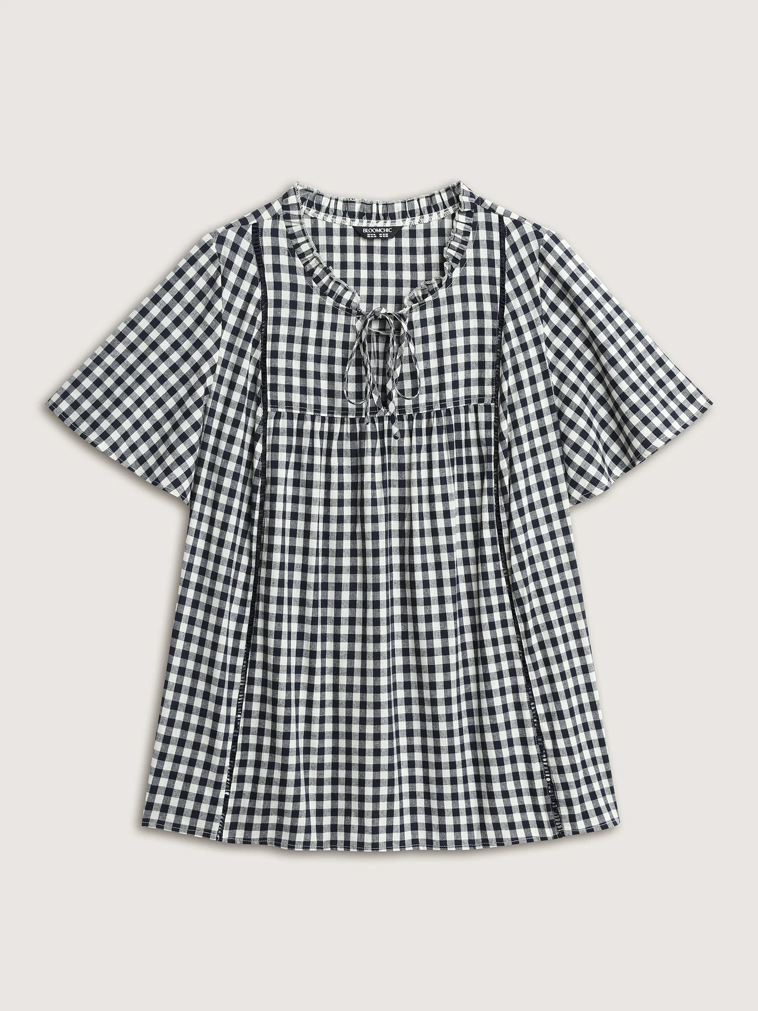 Checkered Drawstring Neckline Blouse - Image 8