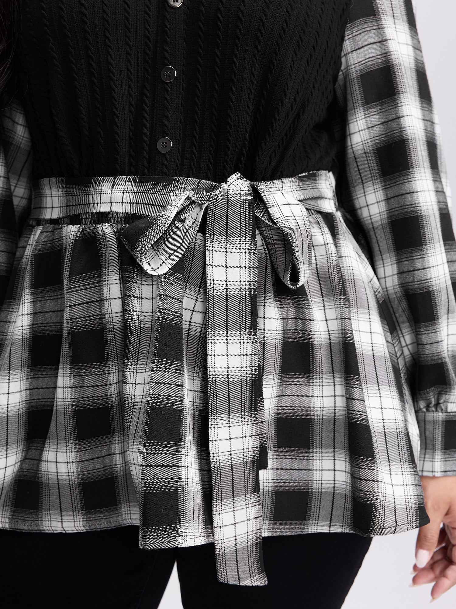 Checkered Faux-Layered Button Detail Blouse - Image 2