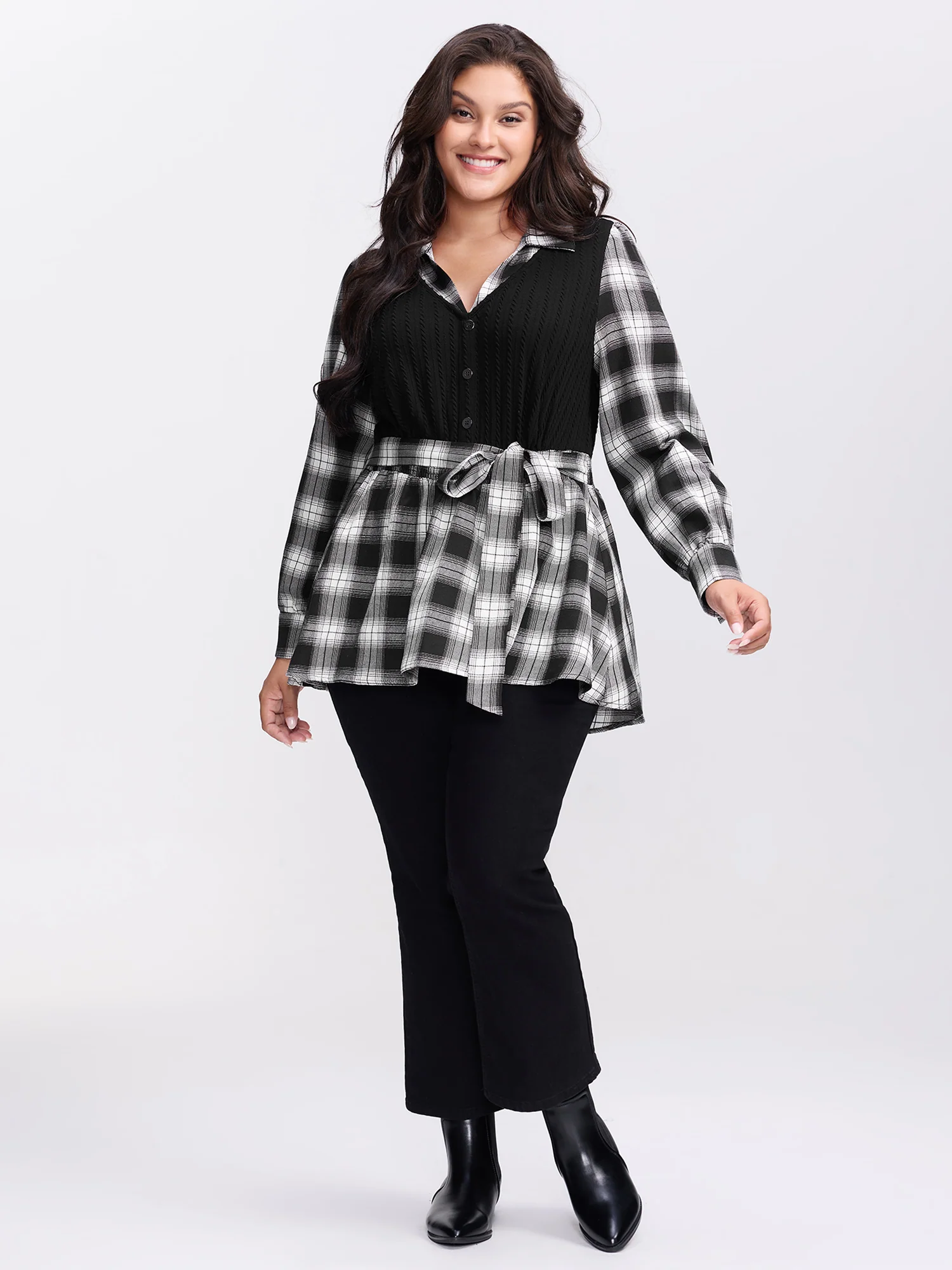 Checkered Faux-Layered Button Detail Blouse - Image 3