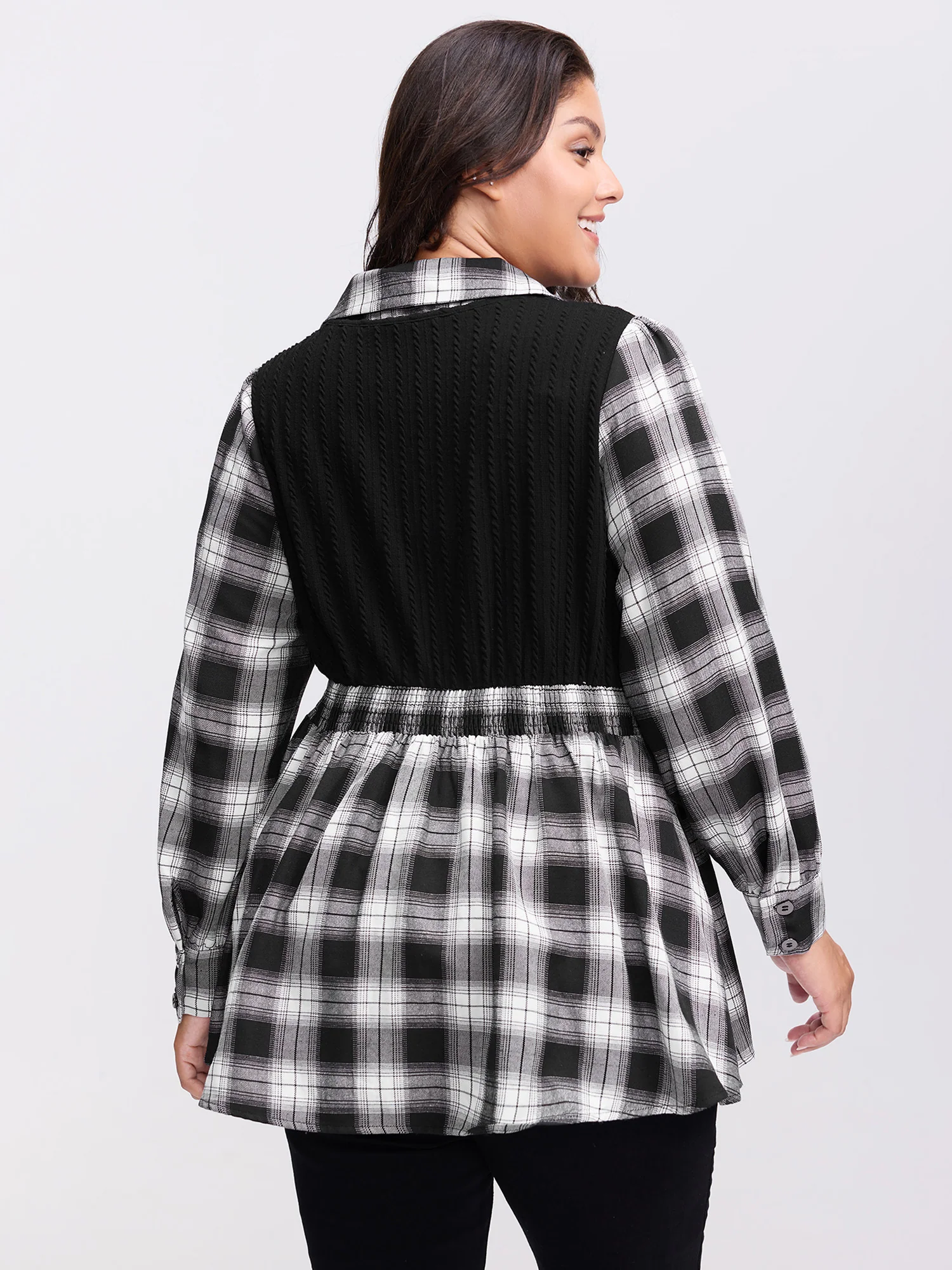 Checkered Faux-Layered Button Detail Blouse - Image 5