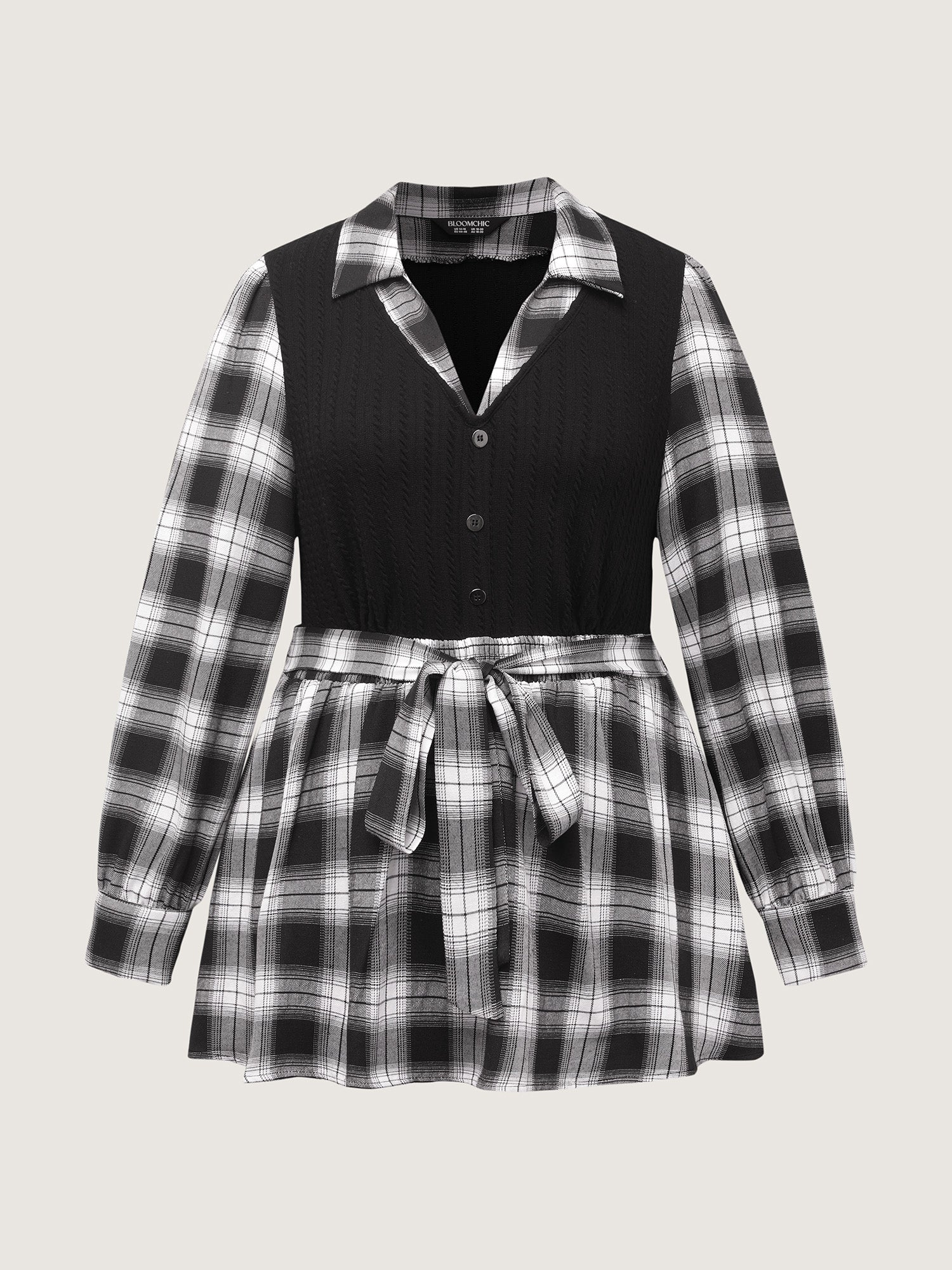 Checkered Faux-Layered Button Detail Blouse - Image 8