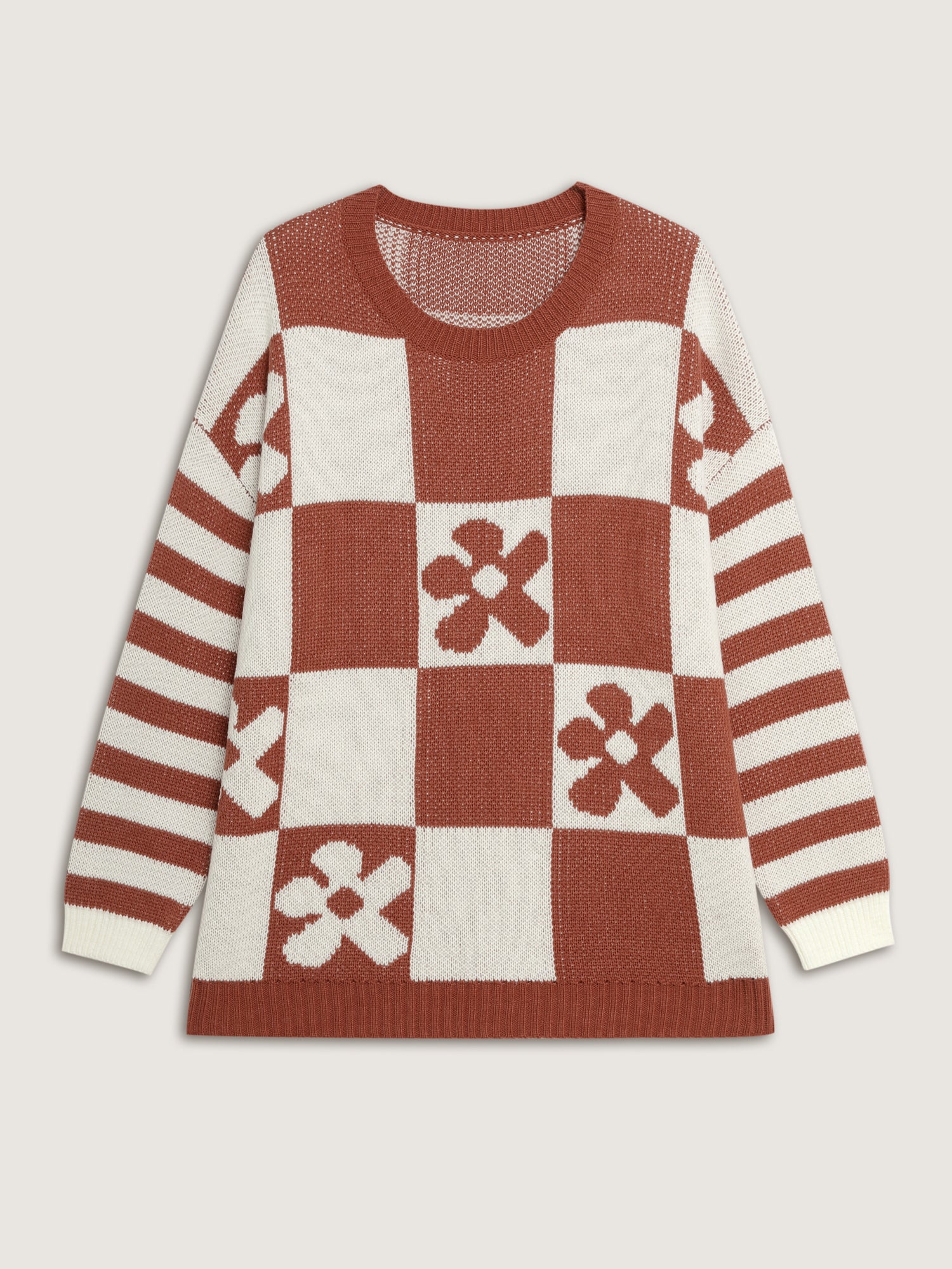 Checkered Floral Stripe Sleeve Jacquard Pullover - Image 7