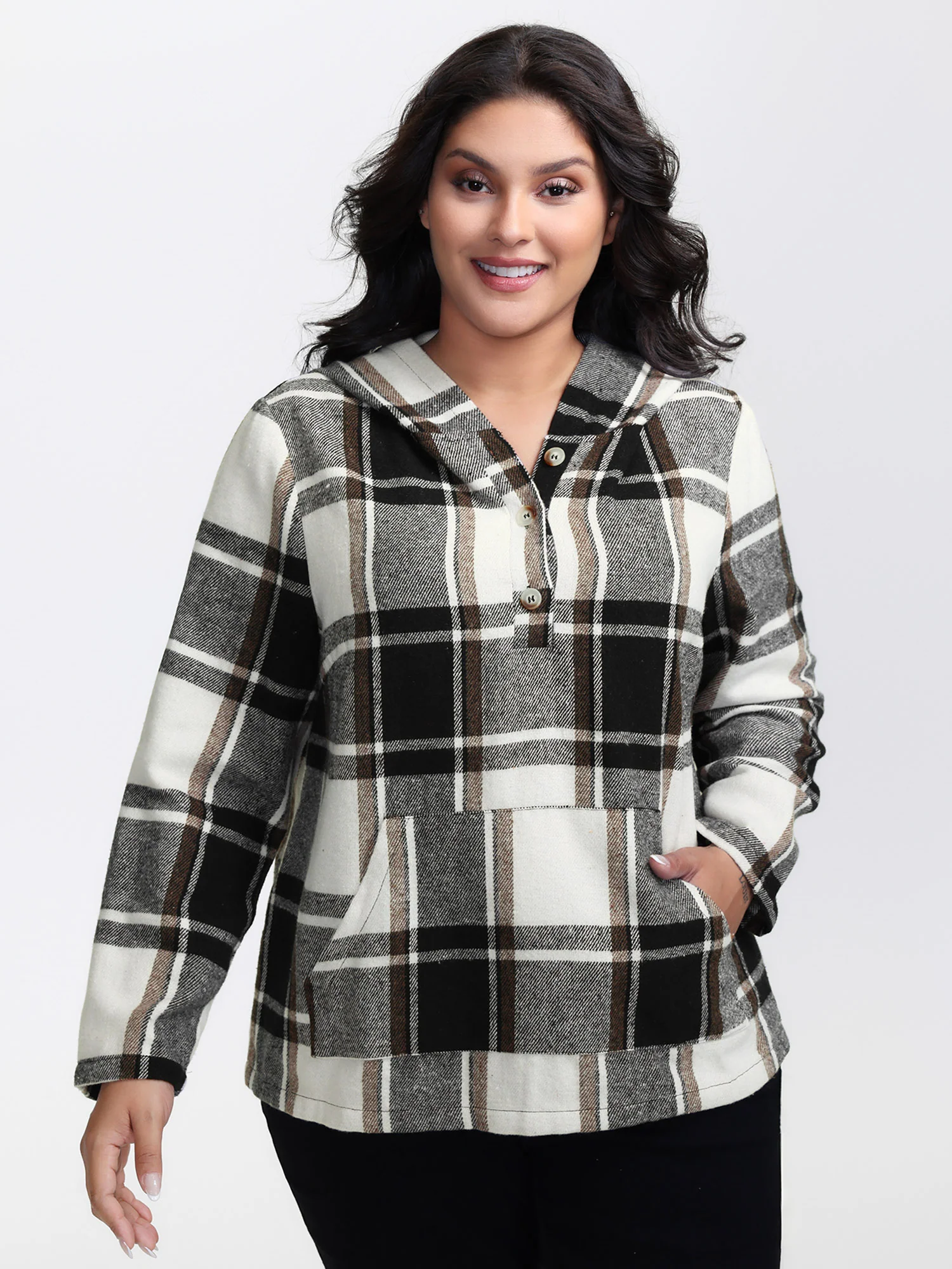 Checkered Half-Open Placket Pockets Hoodie - Image 2