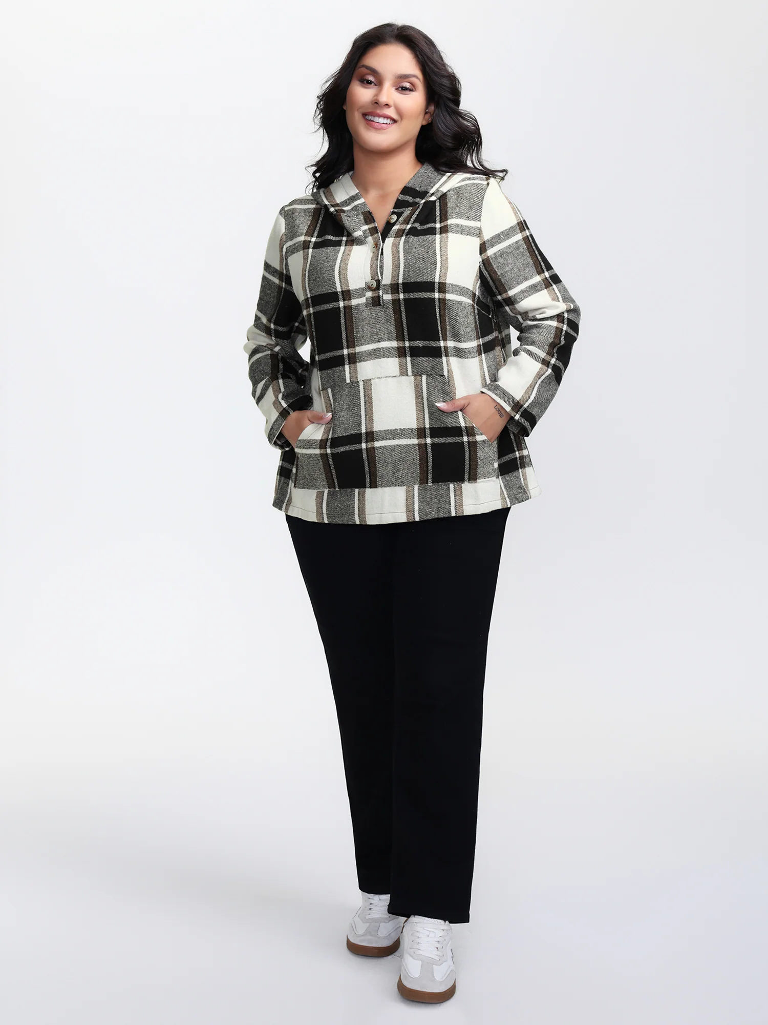 Checkered Half-Open Placket Pockets Hoodie - Image 3