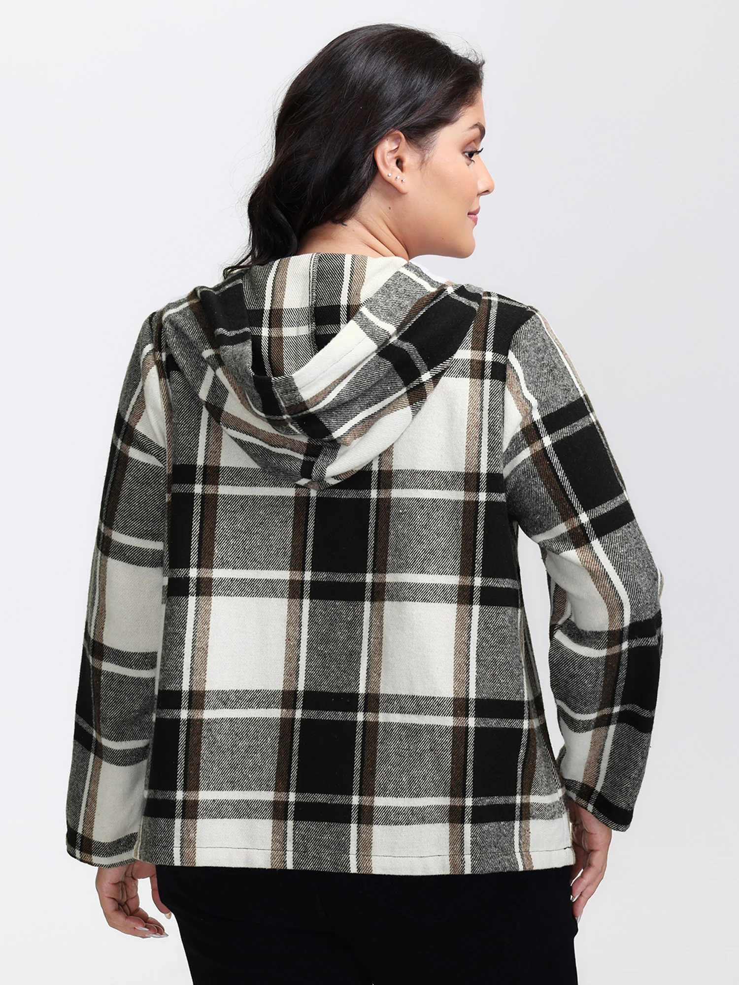 Checkered Half-Open Placket Pockets Hoodie - Image 4