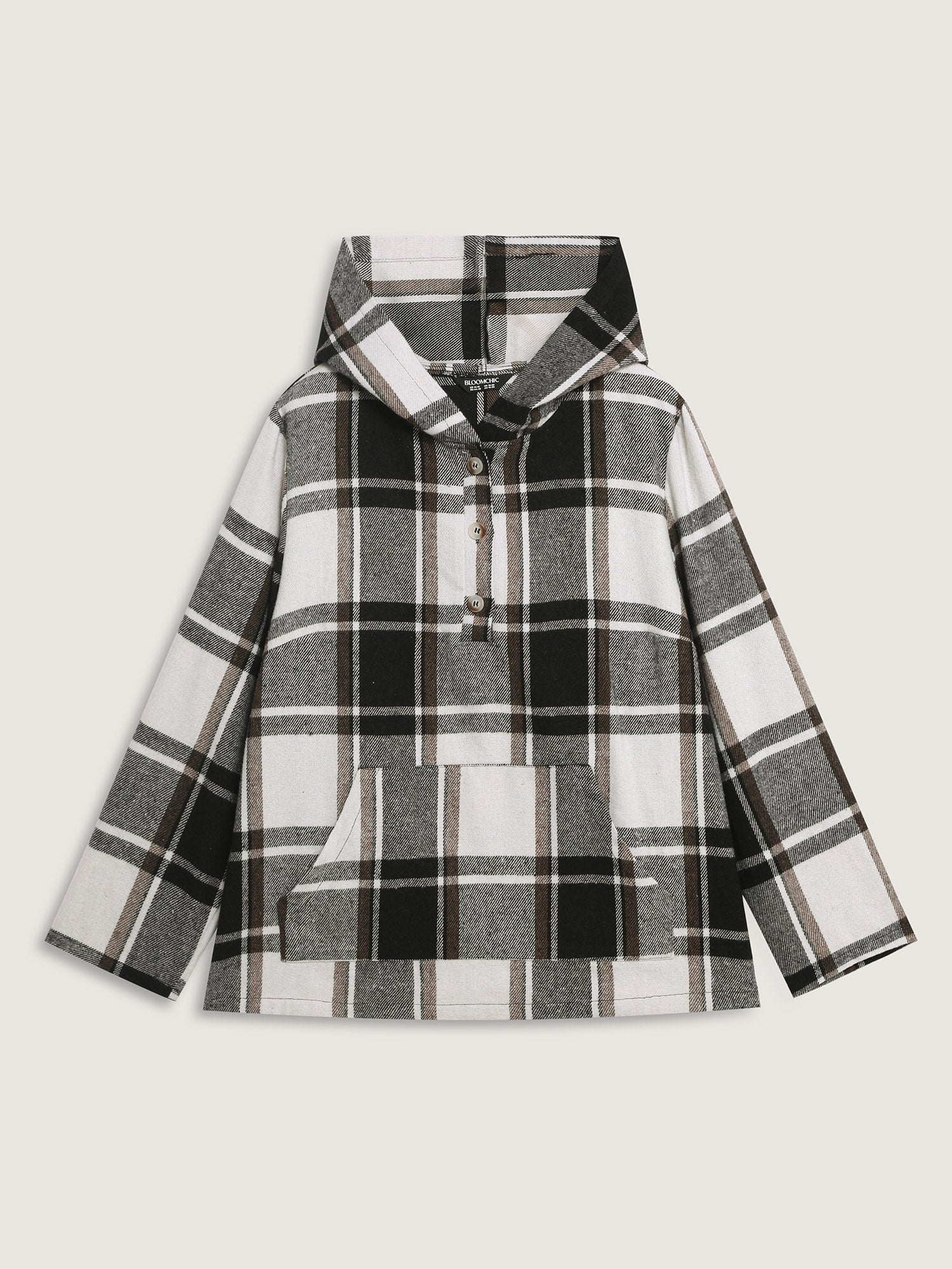 Checkered Half-Open Placket Pockets Hoodie - Image 7