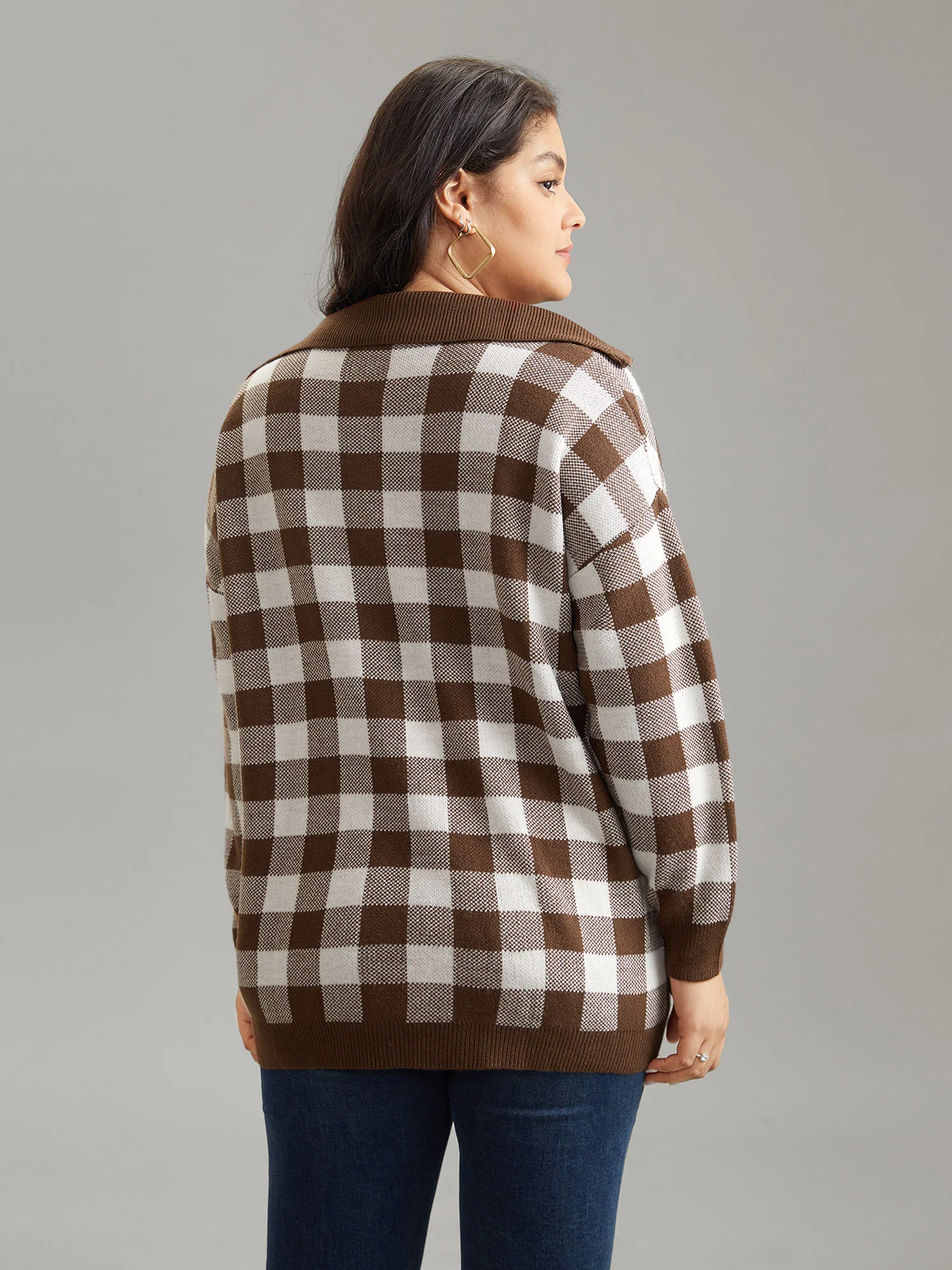 Gingham Half Zip Polo Drop Shoulder Pullover - Image 2