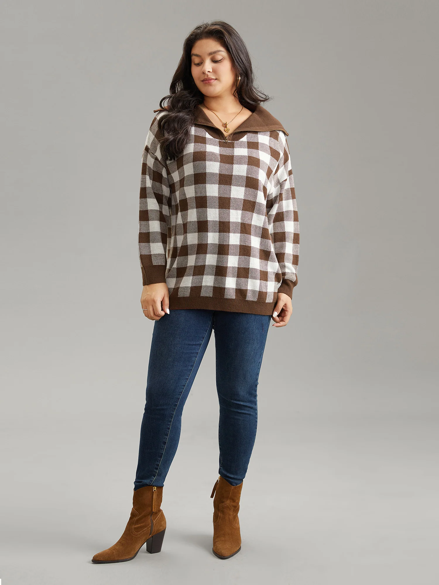 Gingham Half Zip Polo Drop Shoulder Pullover - Image 4