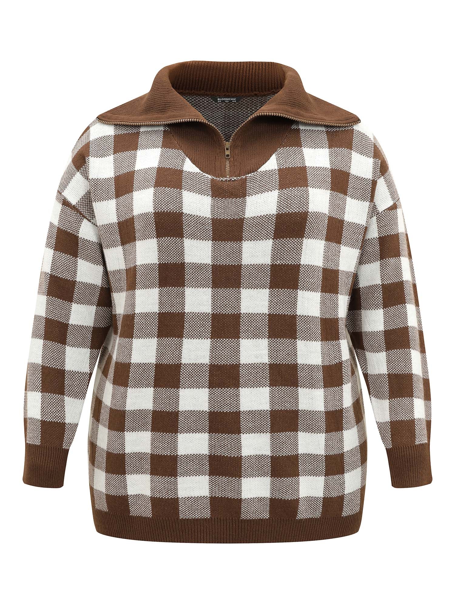 Gingham Half Zip Polo Drop Shoulder Pullover - Image 5