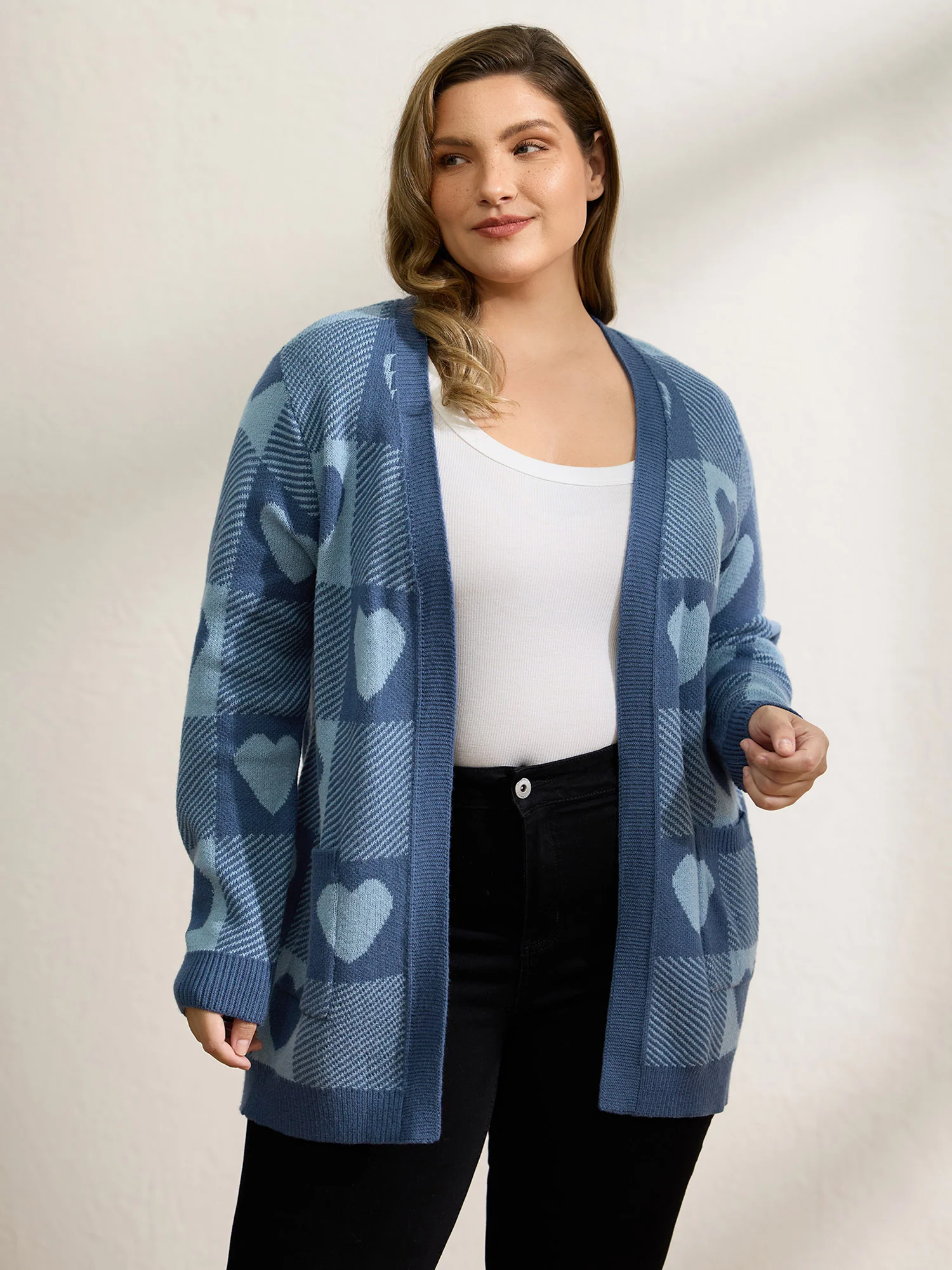 Supersoft Checkered Hearts Jacquard Pockets Knit Cardigan - Image 3