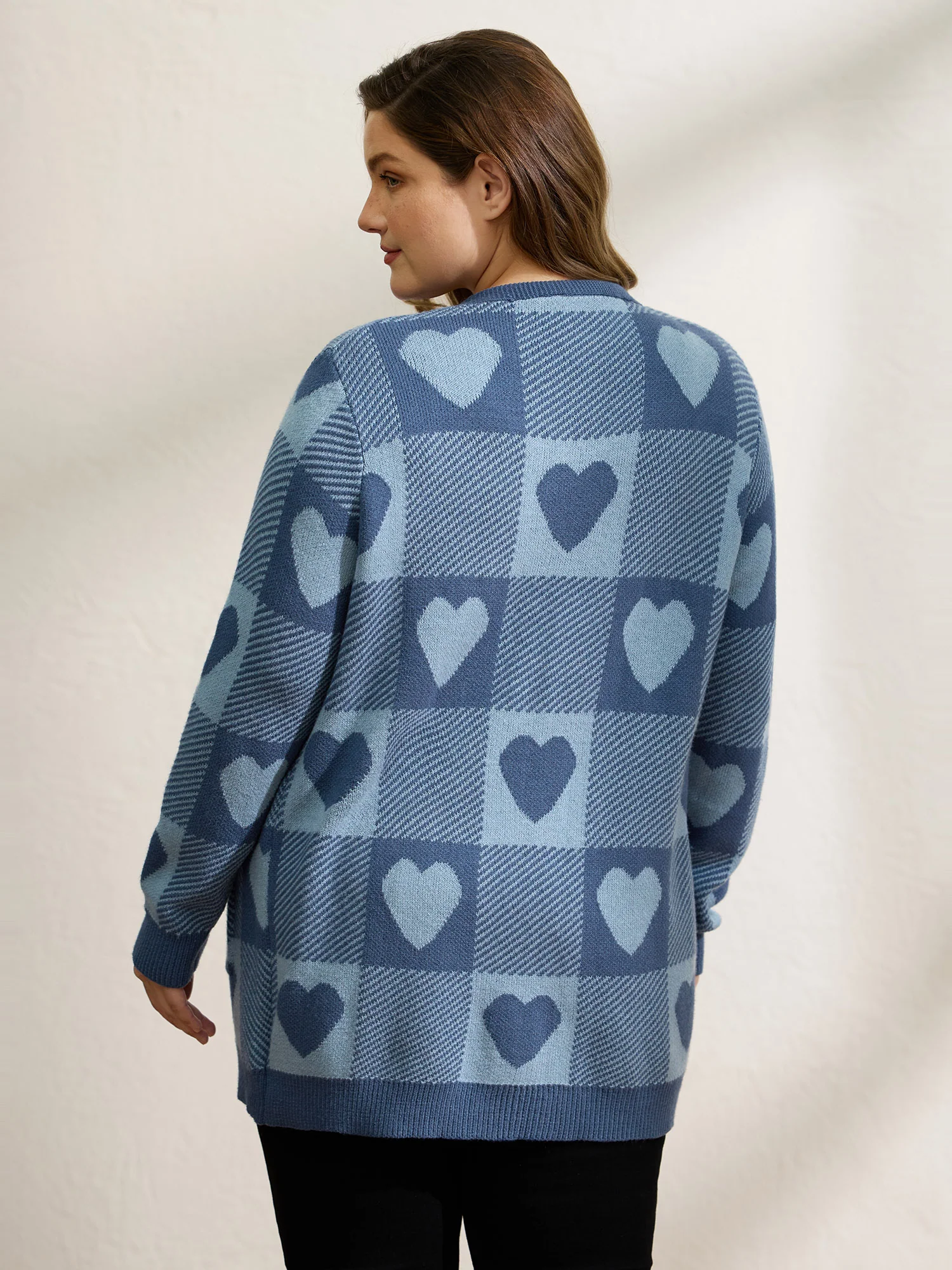 Supersoft Checkered Hearts Jacquard Pockets Knit Cardigan - Image 4
