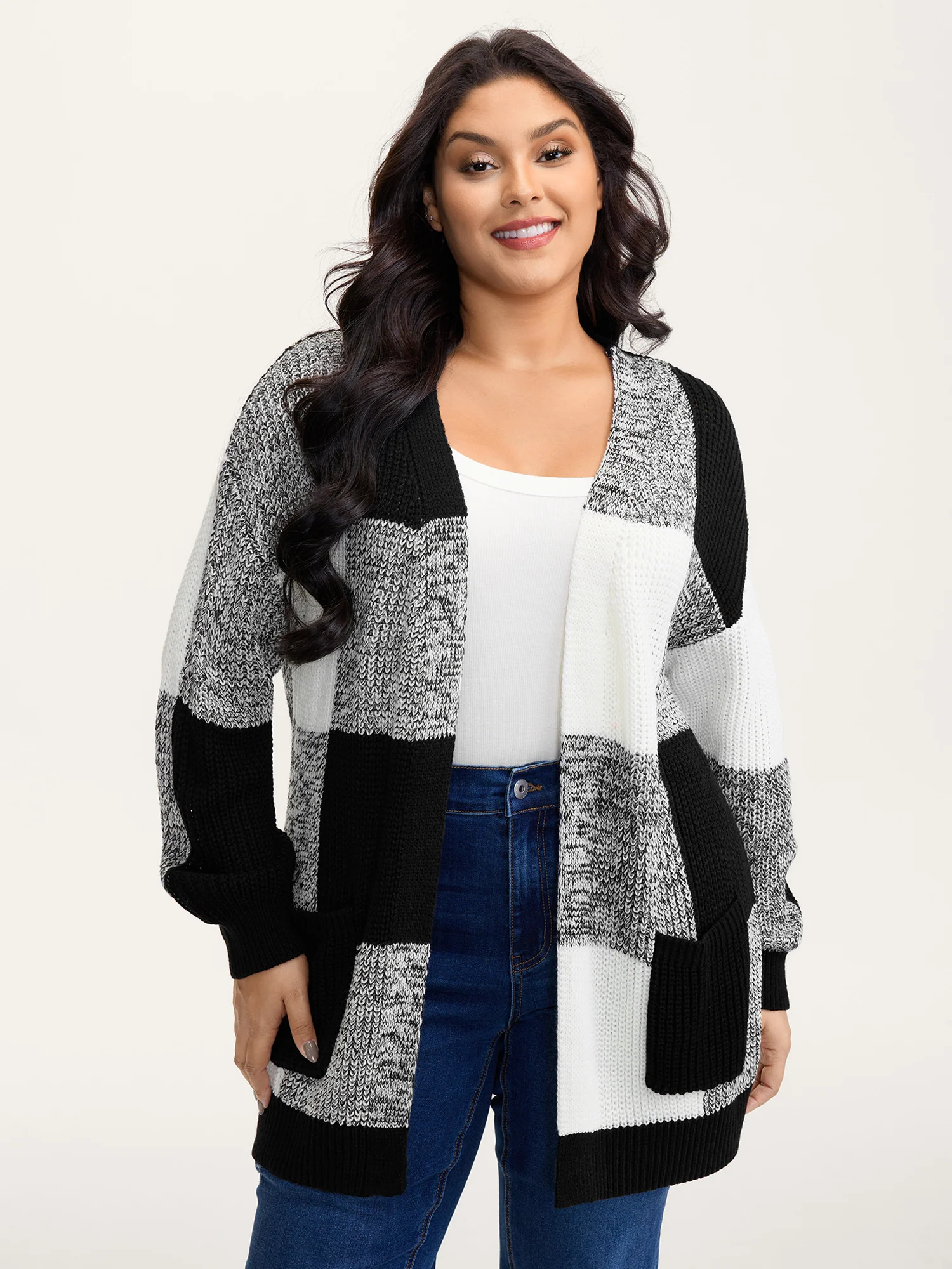 Checkered Heather Textured Open-Front Cardigan - Image 2