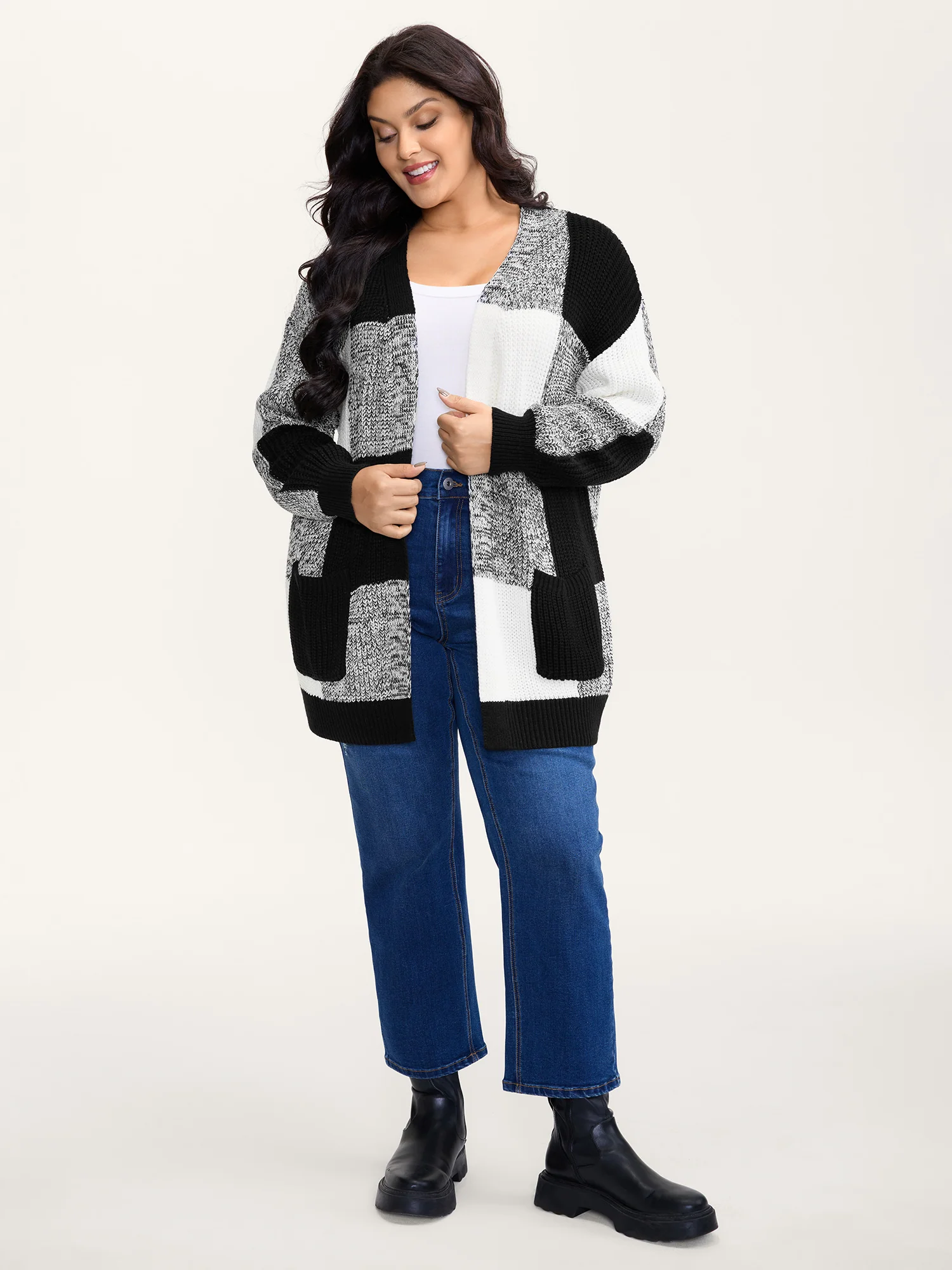 Checkered Heather Textured Open-Front Cardigan - Image 3