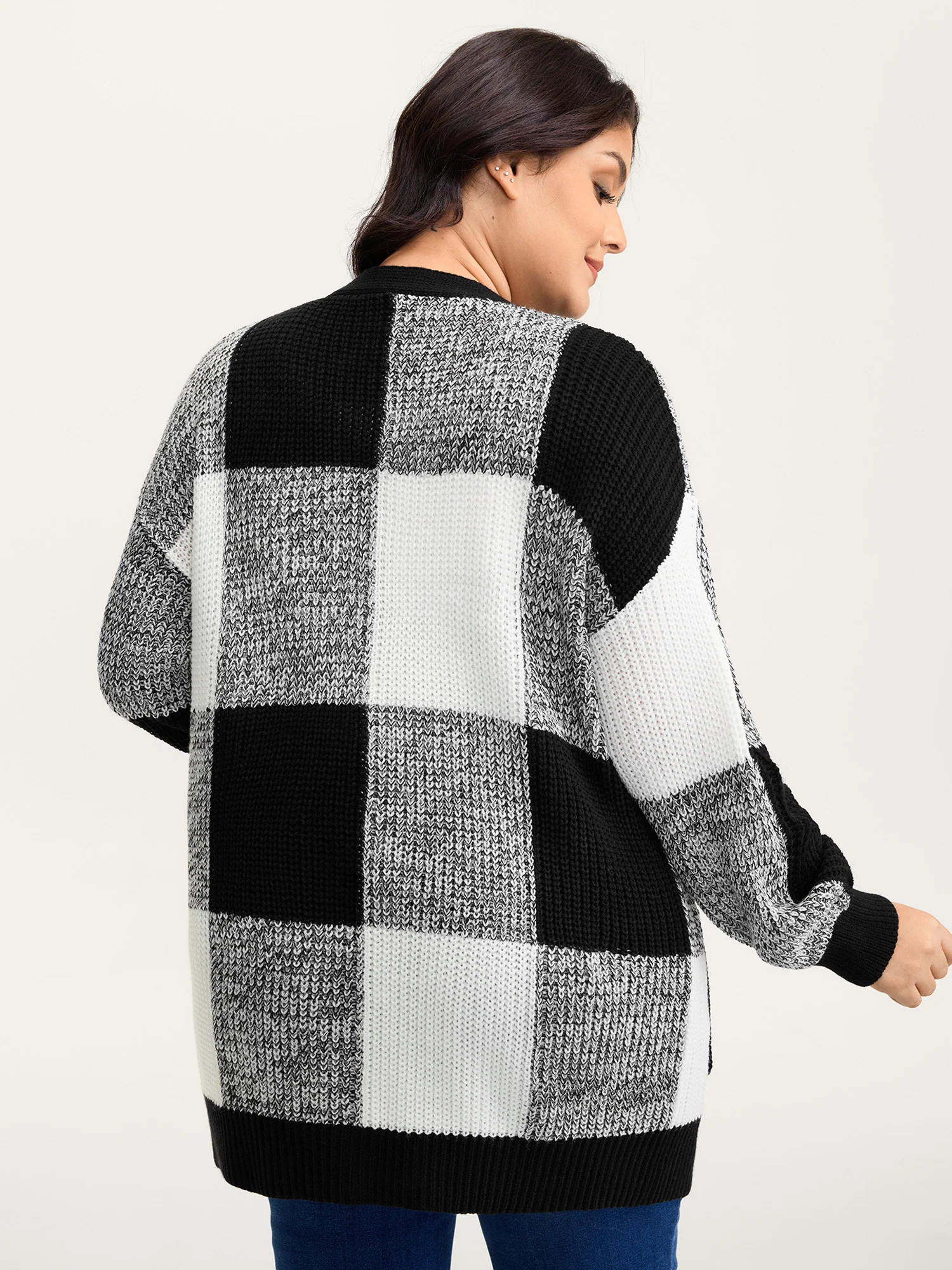 Checkered Heather Textured Open-Front Cardigan - Image 4