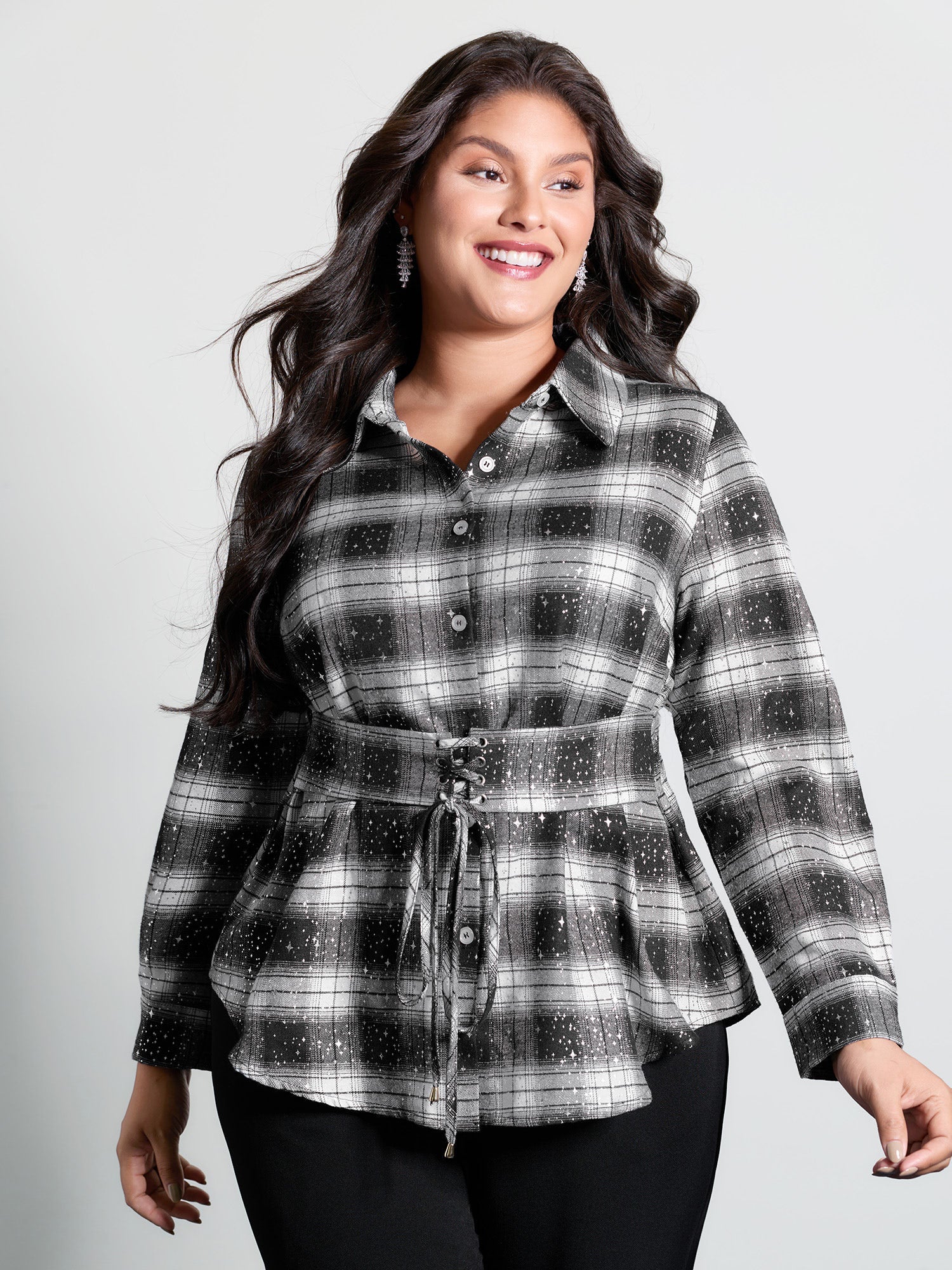 Checkered Hot Stamped Waist-Tie Blouse - Image 2