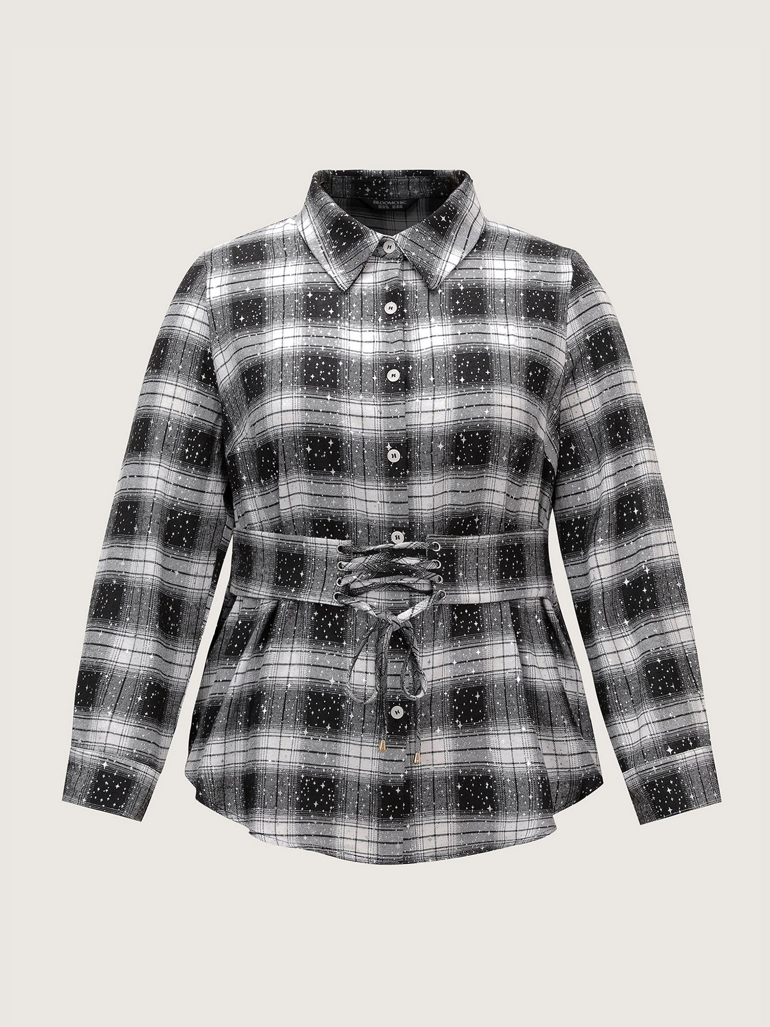 Checkered Hot Stamped Waist-Tie Blouse - Image 7