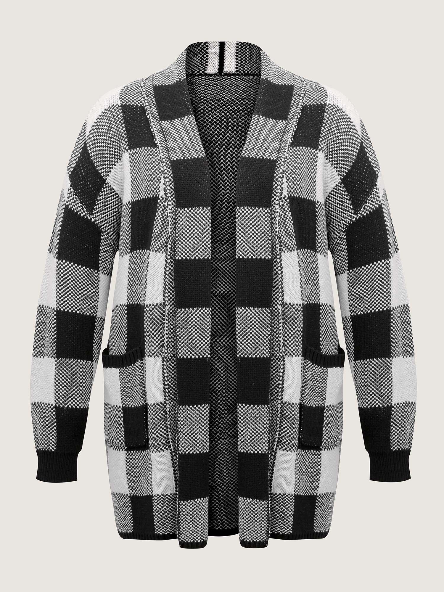 Checkered Jacquard Folded Collar Knit Cardigan - Image 8