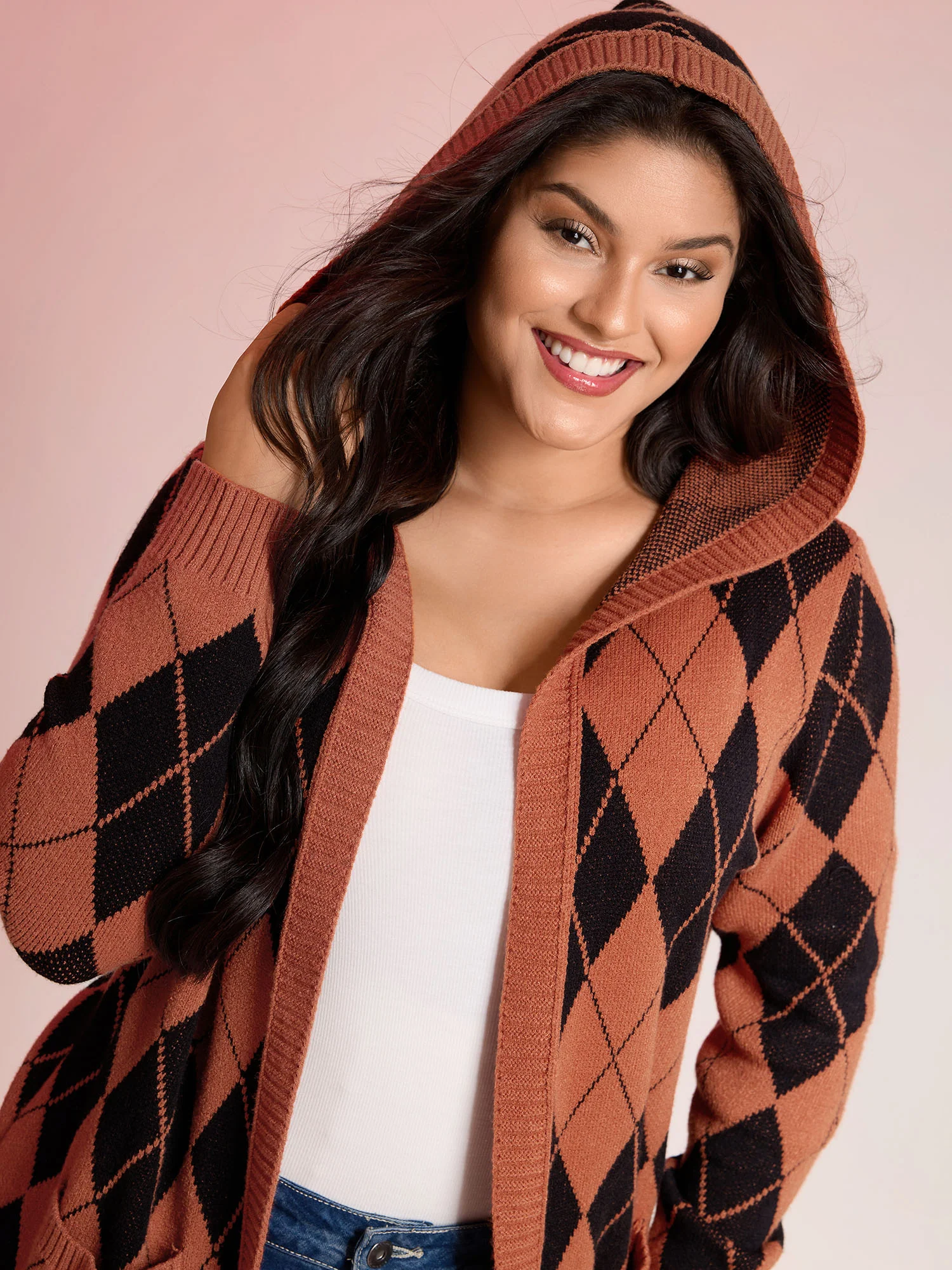 Checkered Jacquard Hooded Pockets Knit Cardigan - Image 2