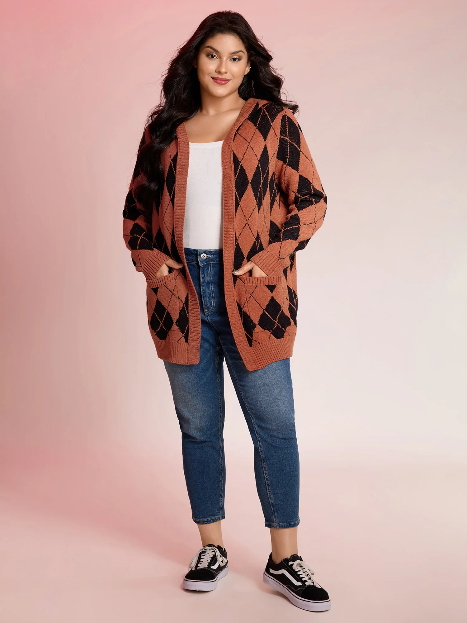 Checkered Jacquard Hooded Pockets Knit Cardigan - Image 3