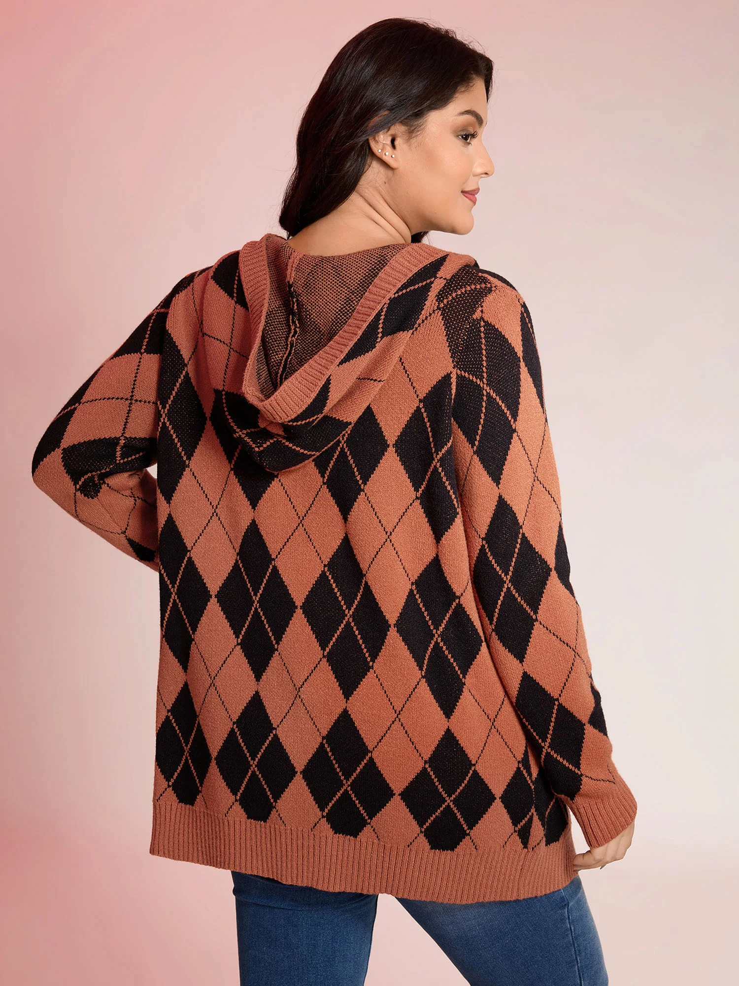 Checkered Jacquard Hooded Pockets Knit Cardigan - Image 4