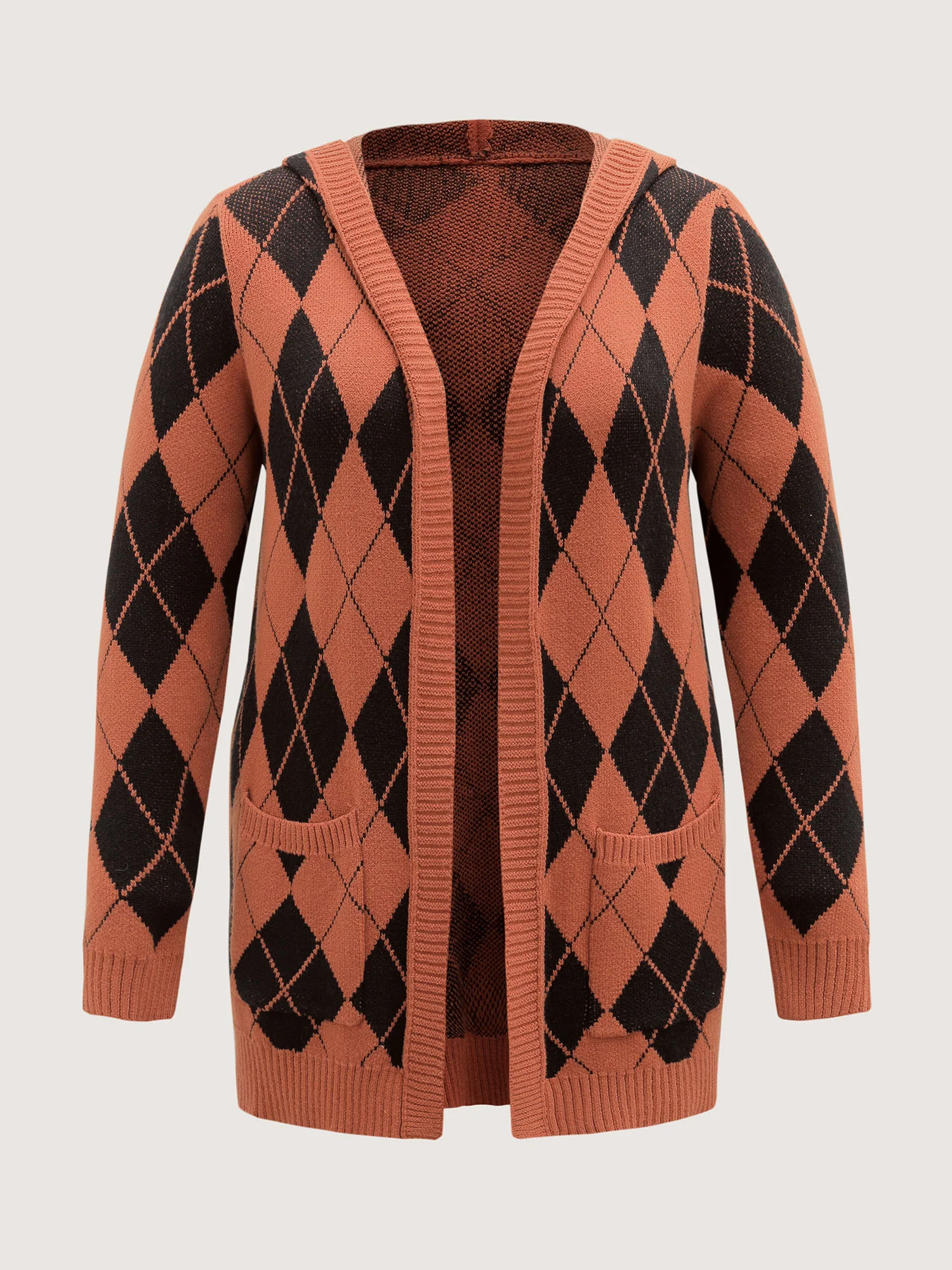 Checkered Jacquard Hooded Pockets Knit Cardigan - Image 8