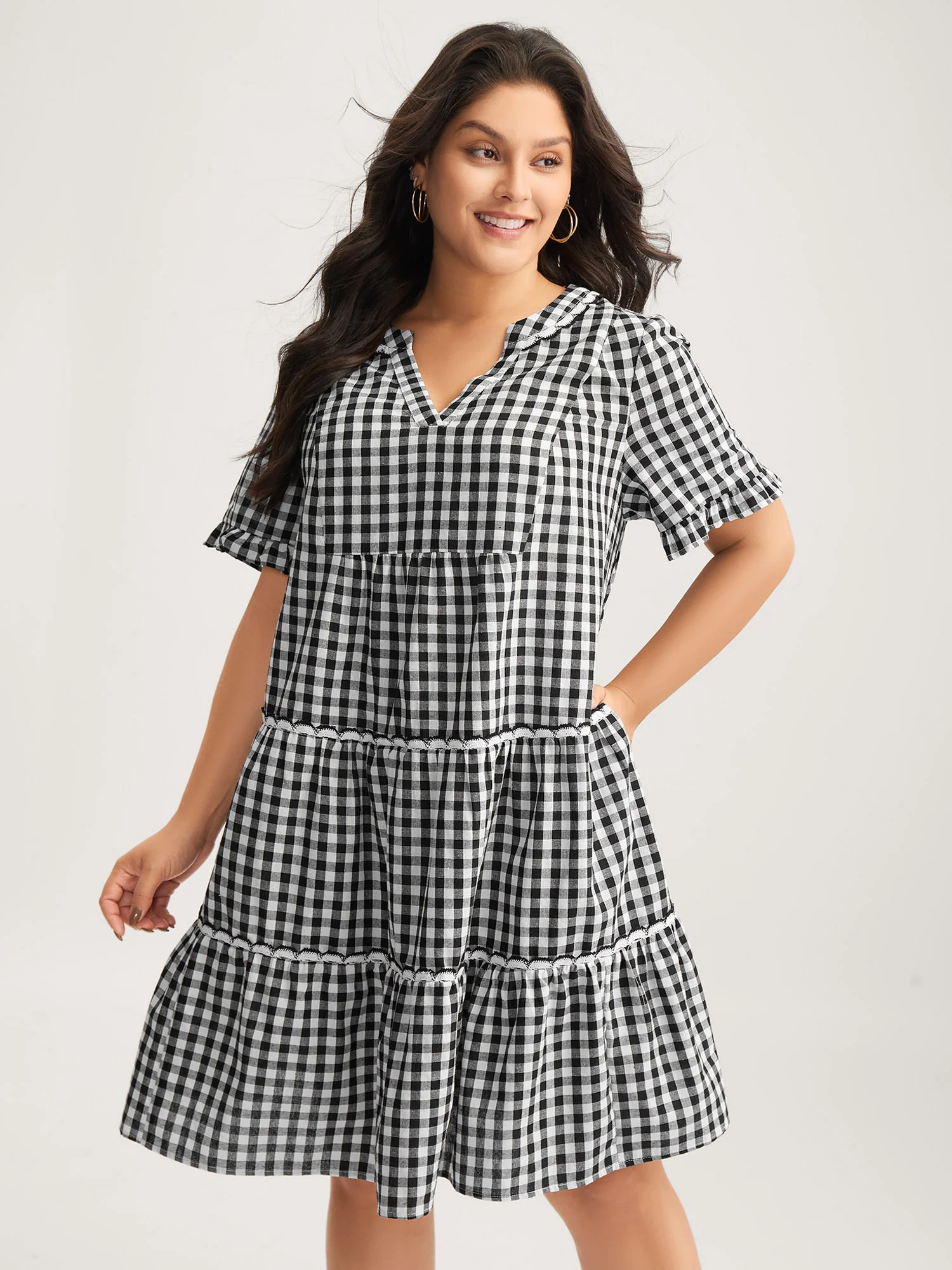 Checkered Lace Trim Tiered Midi Dress