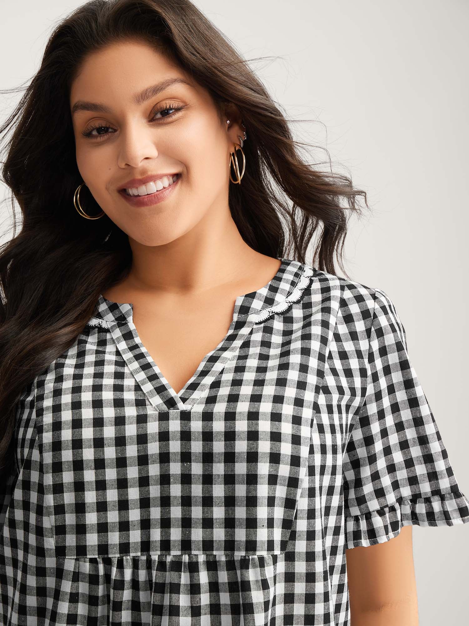Checkered Lace Trim Tiered Midi Dress - Image 2