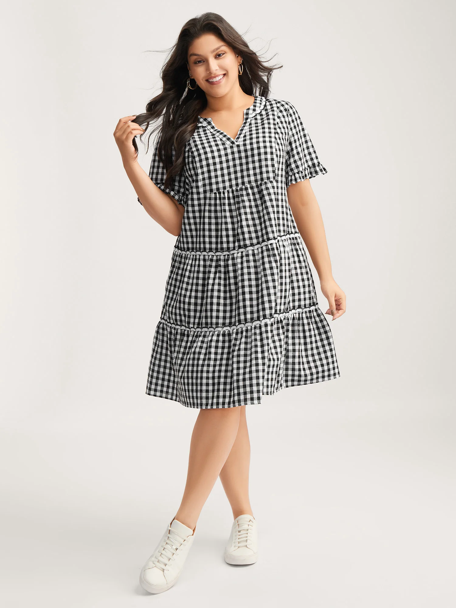 Checkered Lace Trim Tiered Midi Dress - Image 3