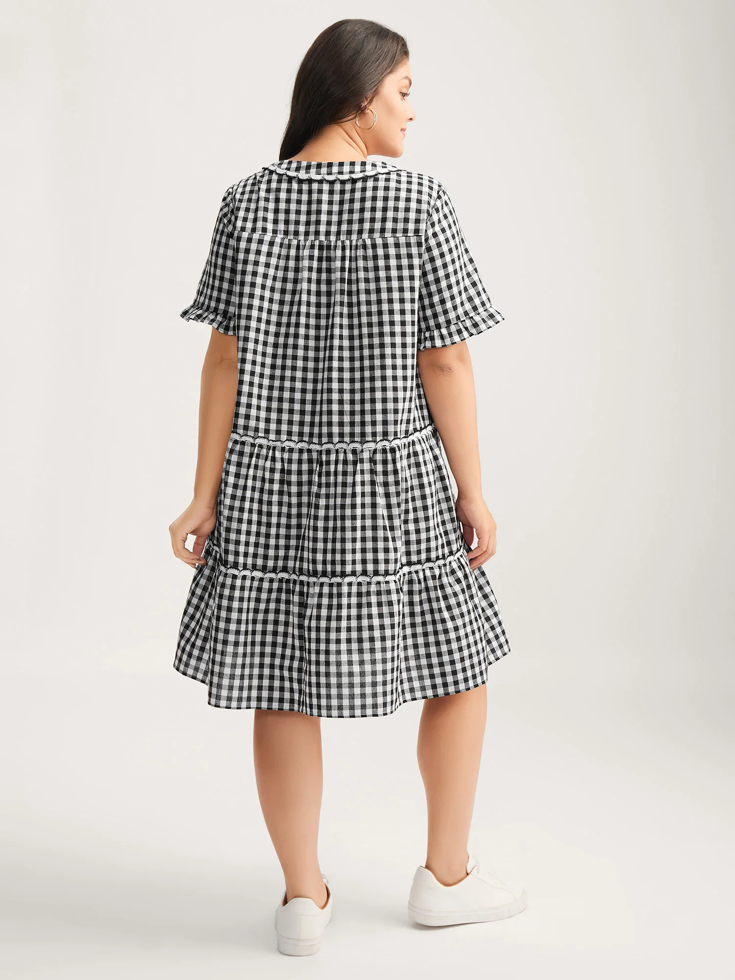 Checkered Lace Trim Tiered Midi Dress - Image 4