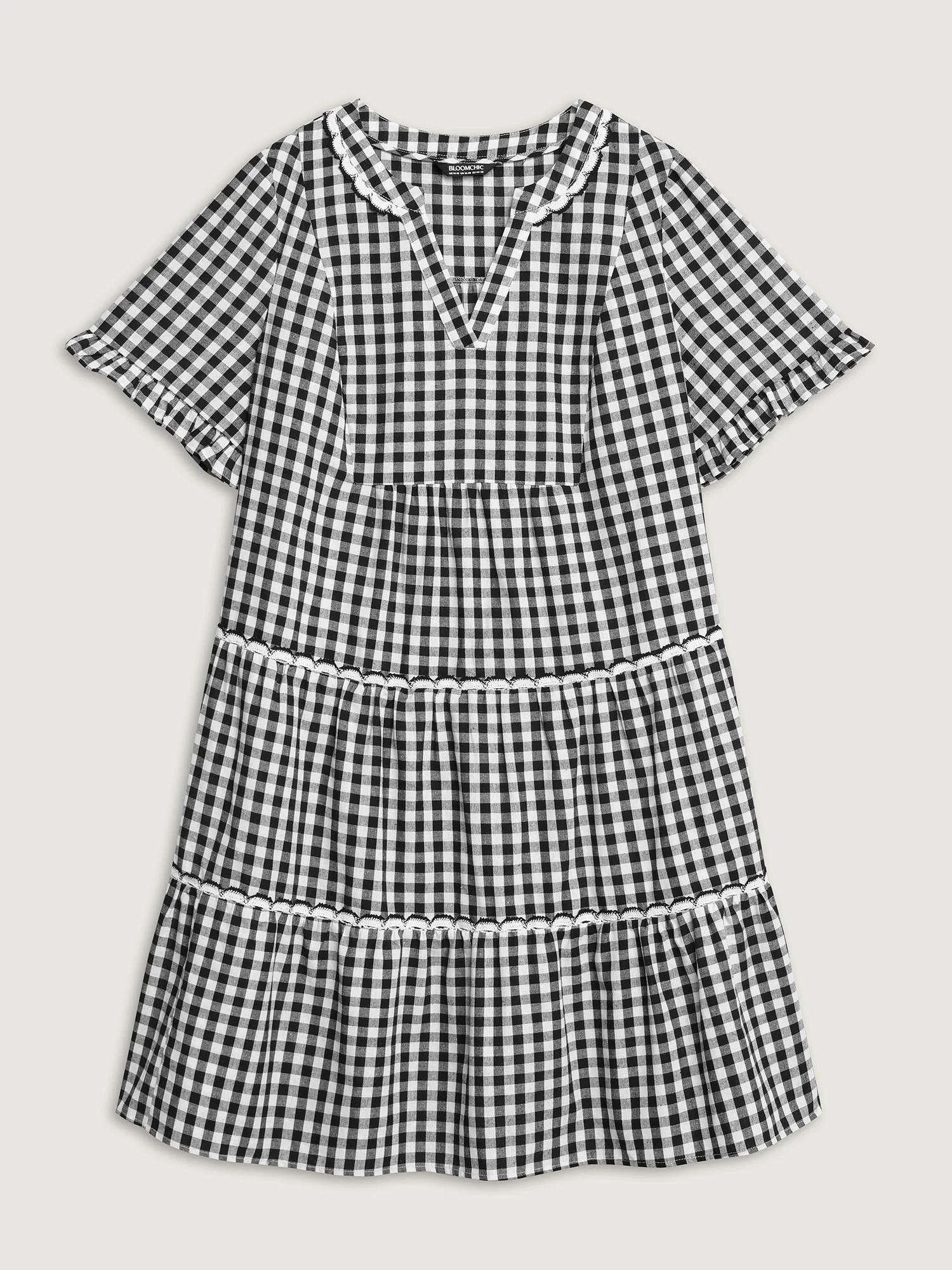 Checkered Lace Trim Tiered Midi Dress - Image 7