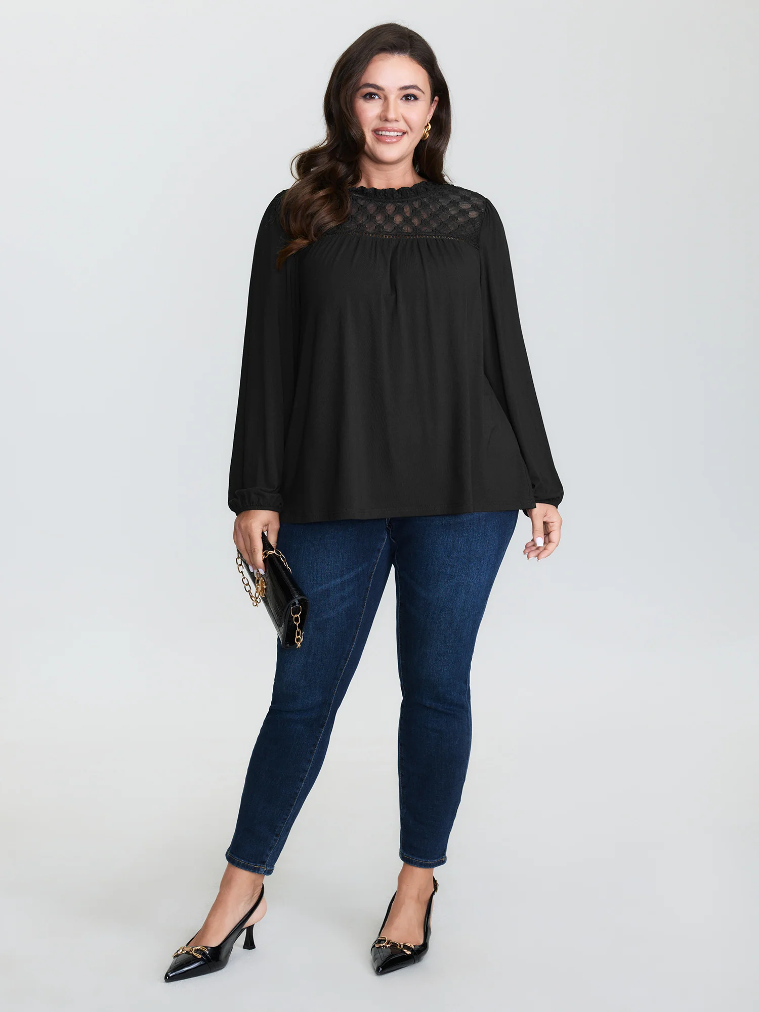 Checkered Mesh Ruffled Neckline Knit Top - Image 3