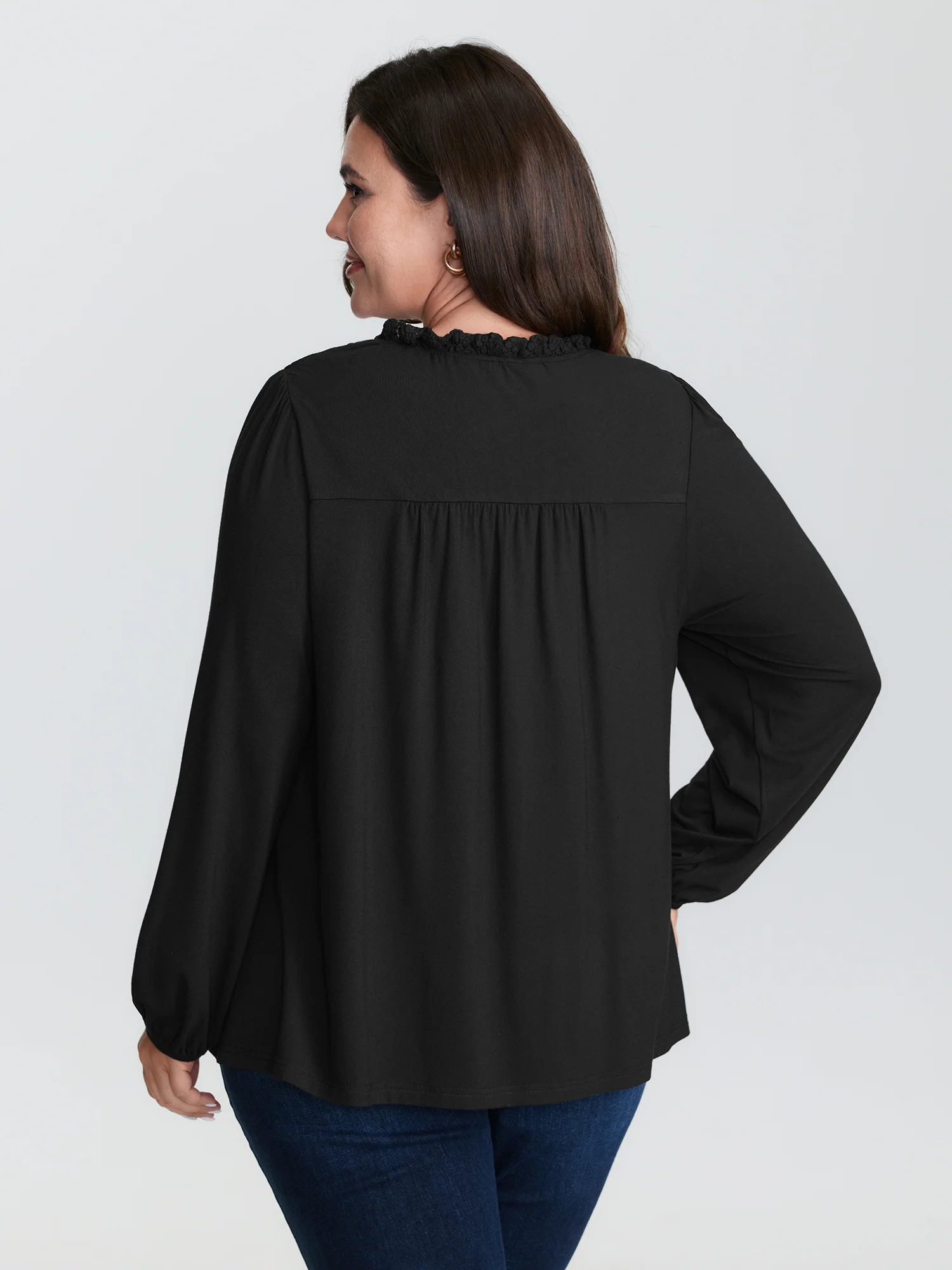 Checkered Mesh Ruffled Neckline Knit Top - Image 4