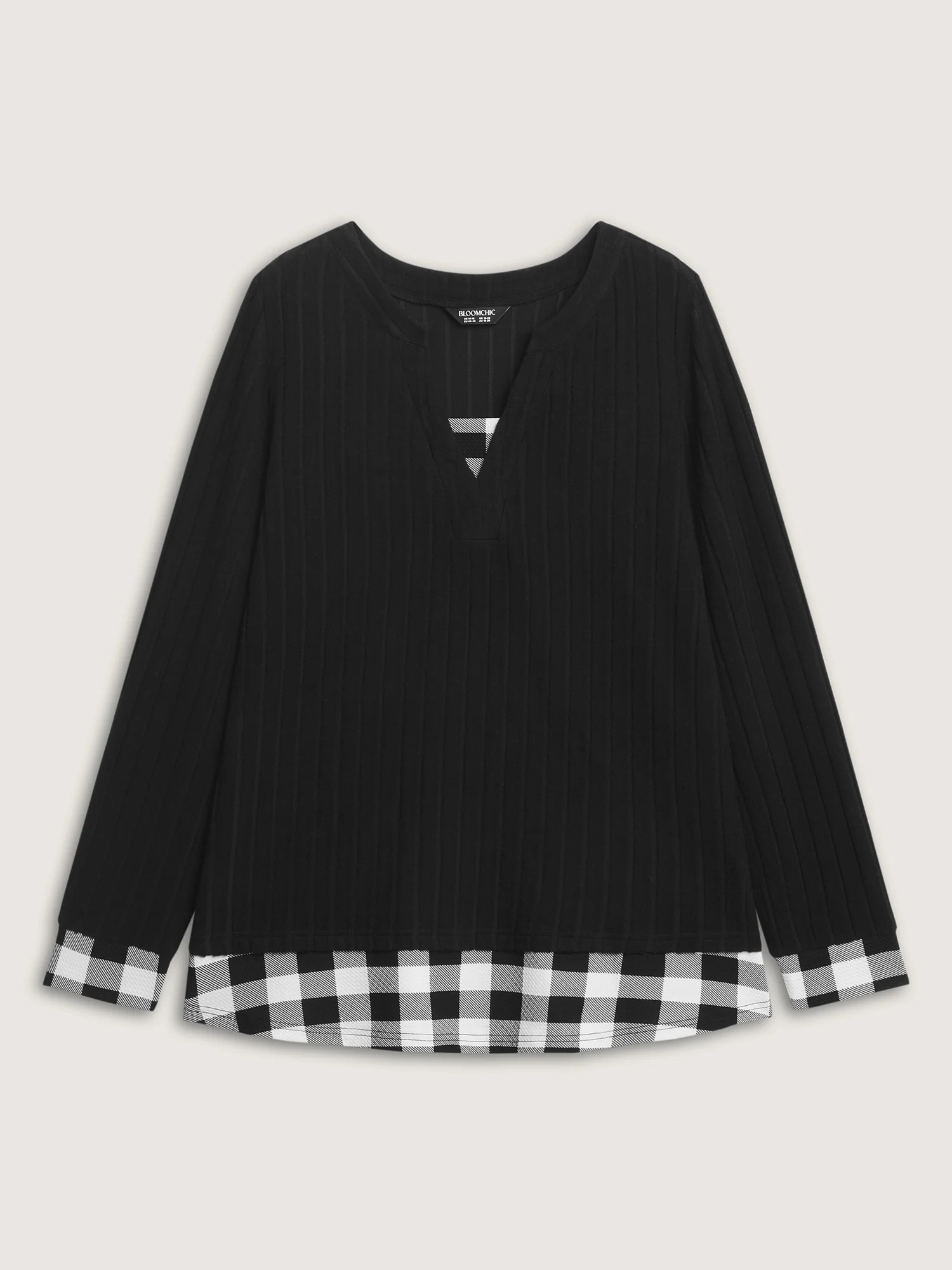 Checkered Notched Collar Contrast Knit Top - Image 7