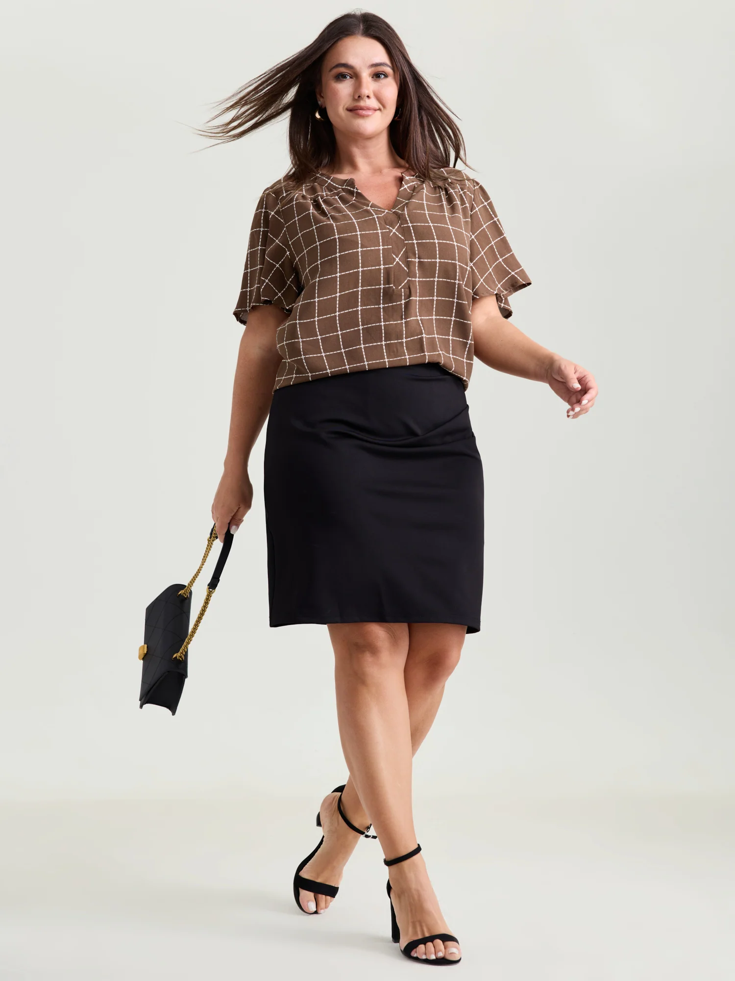 Checkered Notched Collar Panel Back Blouse - Image 2