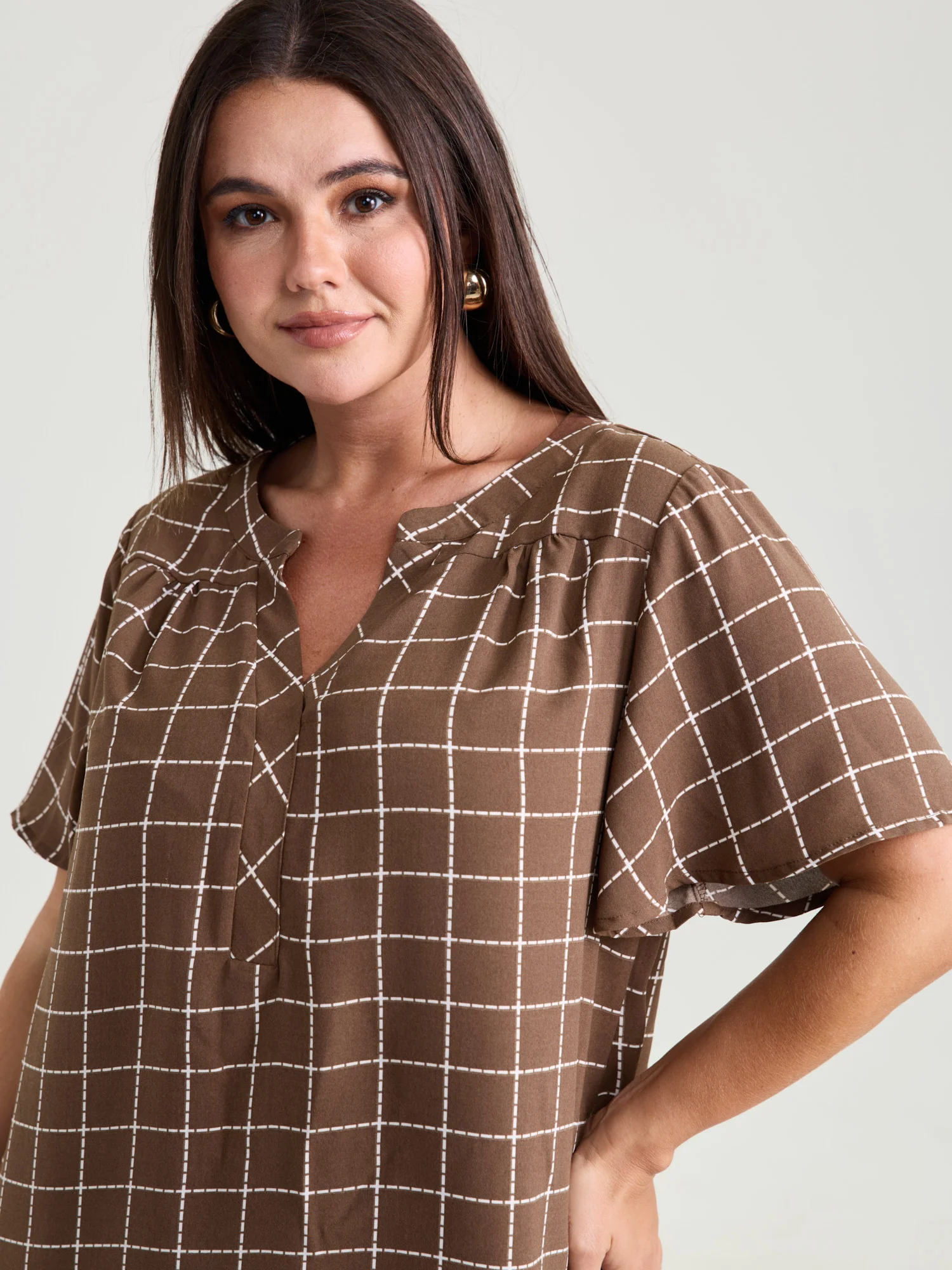 Checkered Notched Collar Panel Back Blouse - Image 3