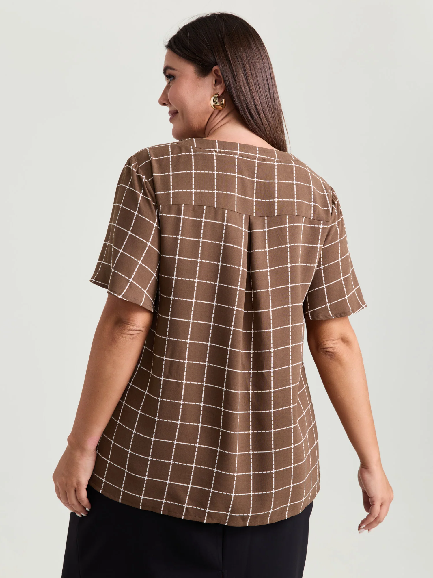 Checkered Notched Collar Panel Back Blouse - Image 4