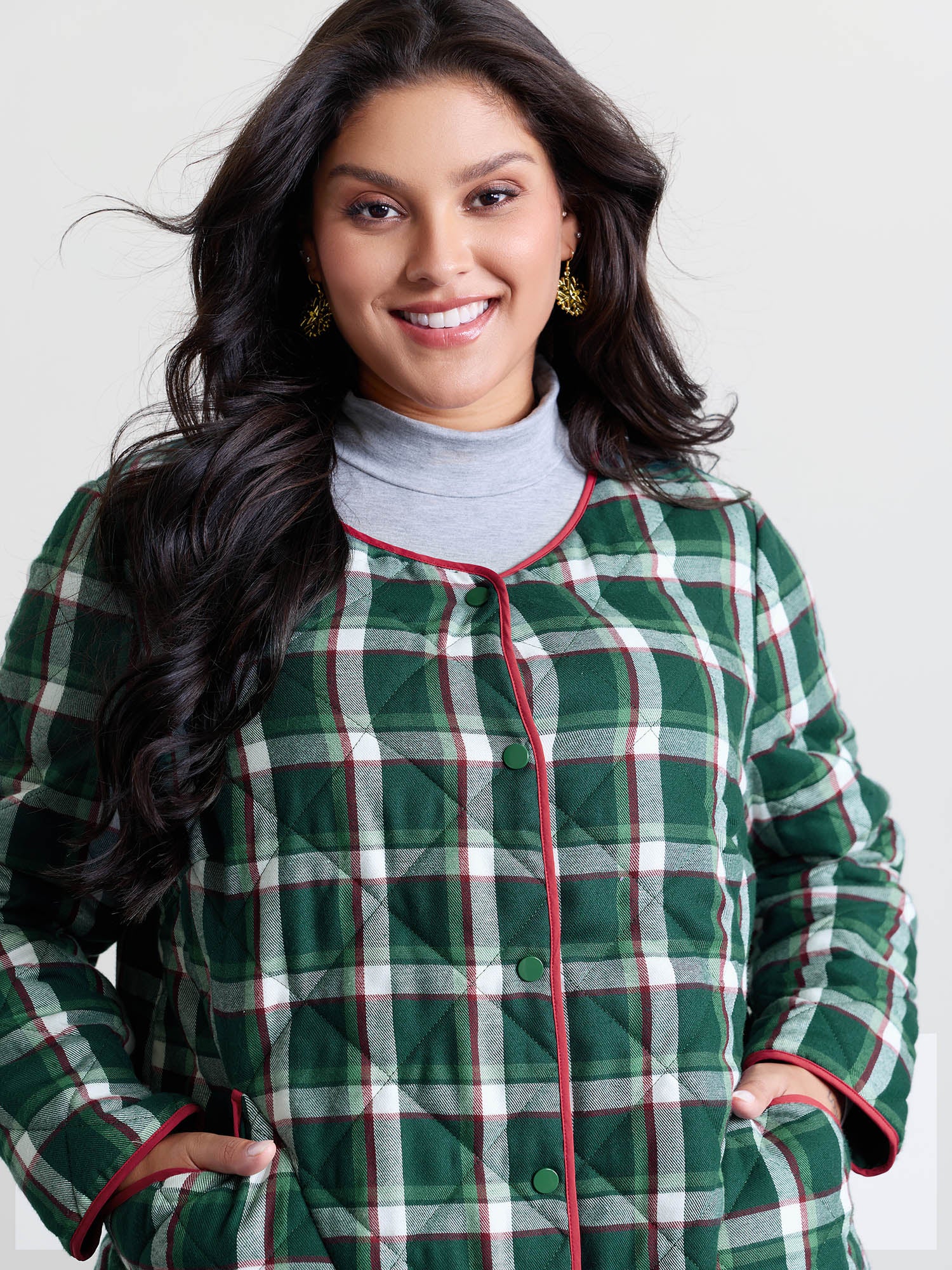 Checkered Pattern Button Quilted Jacket - Image 2
