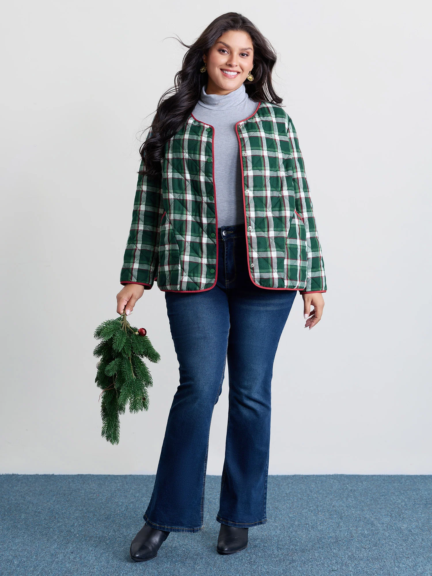 Checkered Pattern Button Quilted Jacket - Image 3