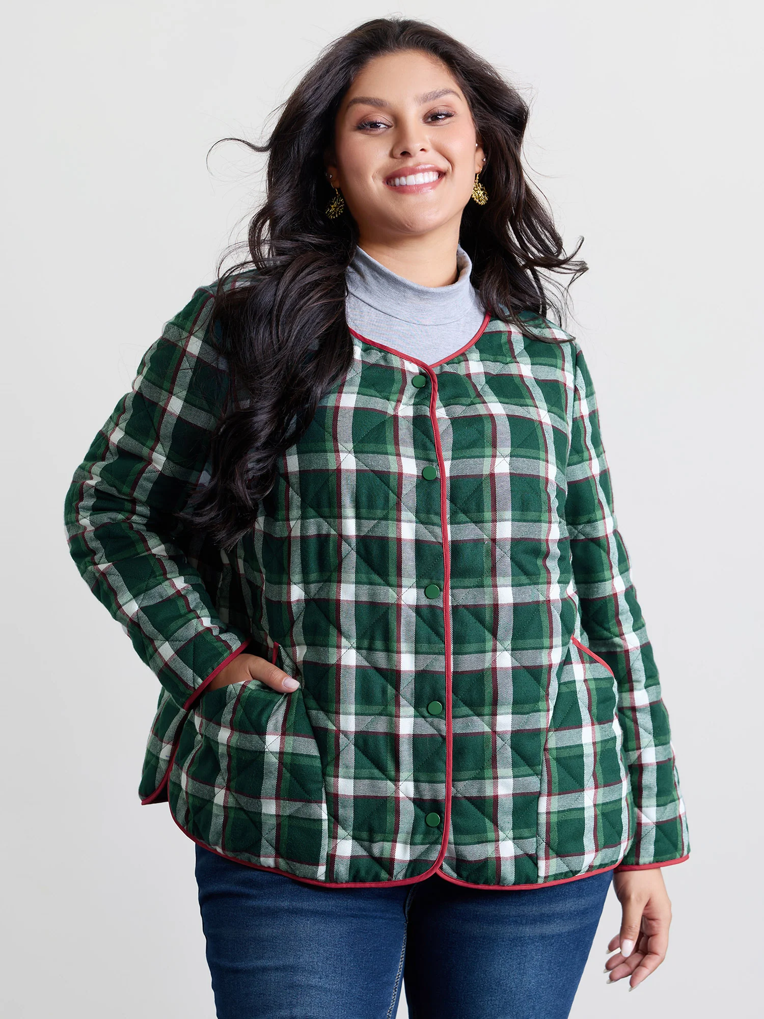 Checkered Pattern Button Quilted Jacket - Image 4