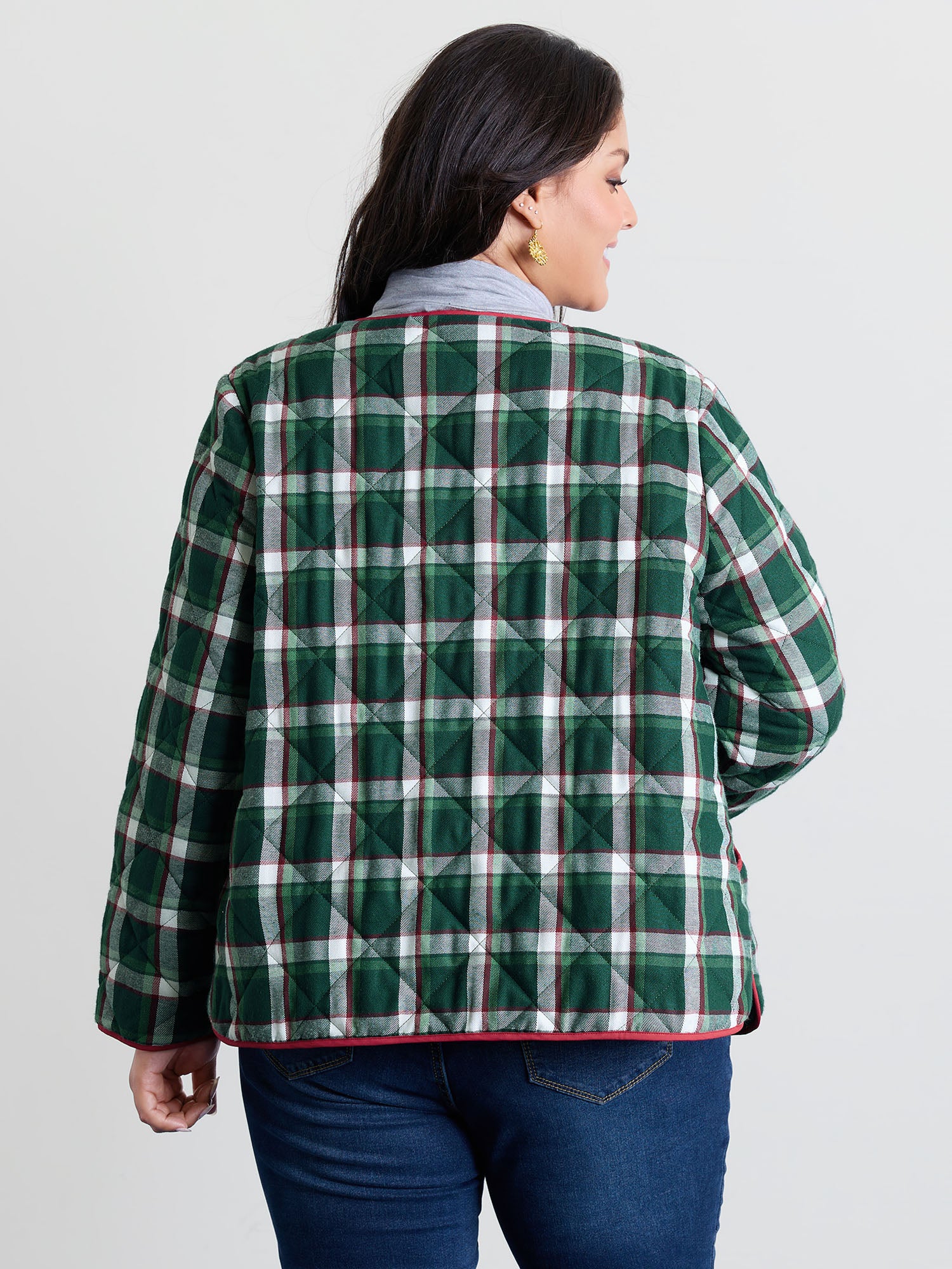 Checkered Pattern Button Quilted Jacket - Image 5