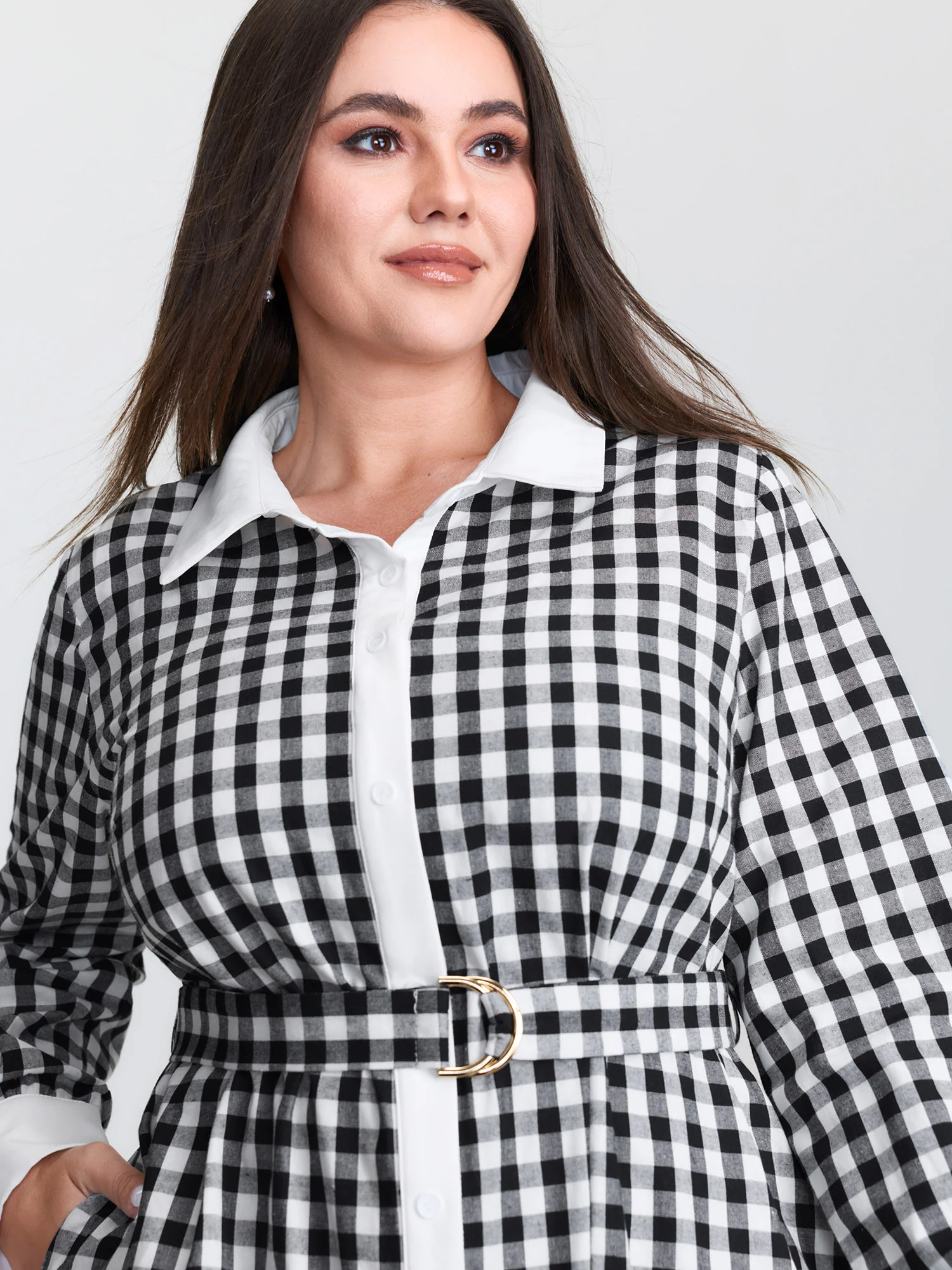 Checkered Pattern Color Contrast Shirt Midi Dress - Image 2