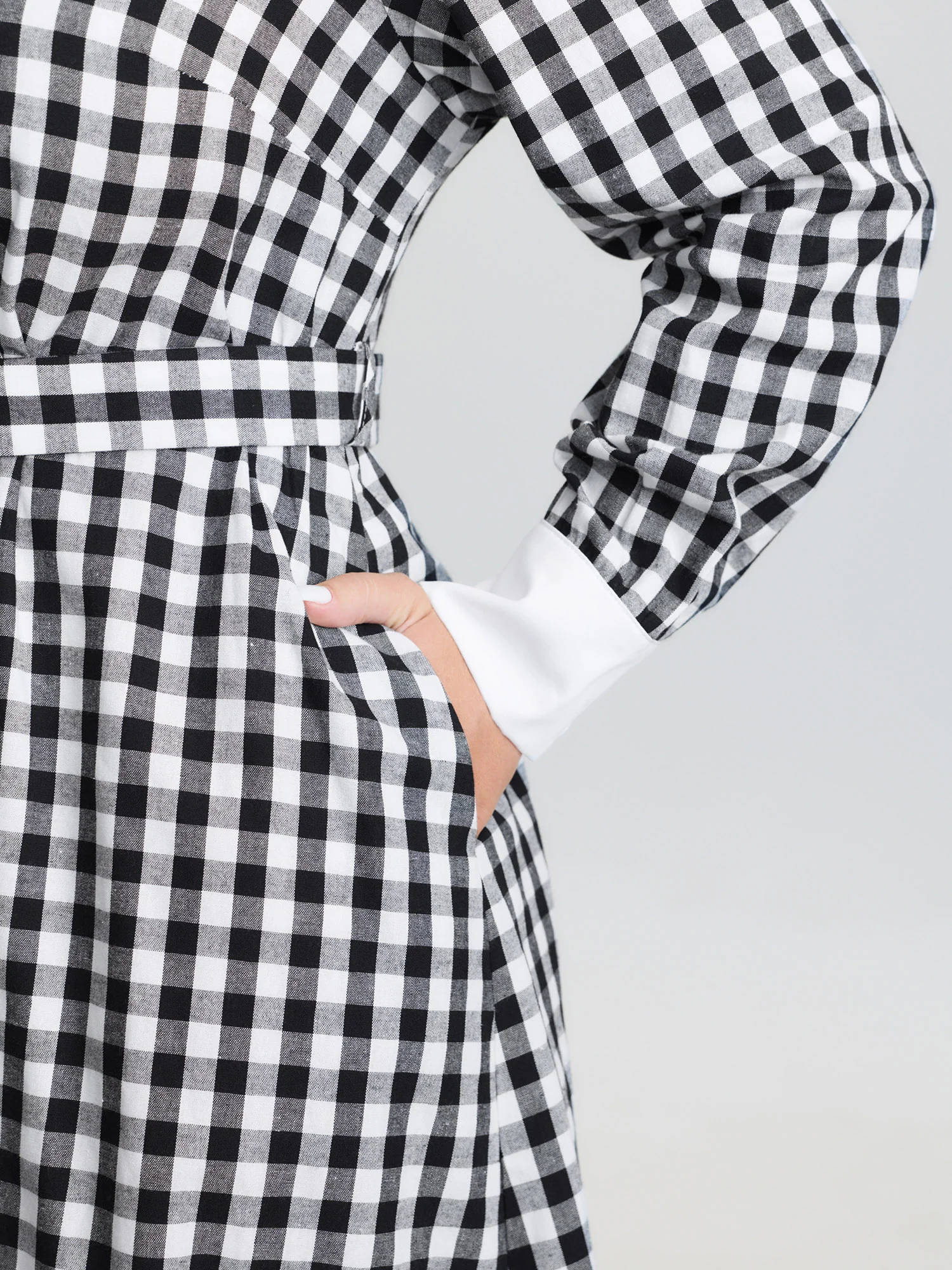 Checkered Pattern Color Contrast Shirt Midi Dress - Image 3
