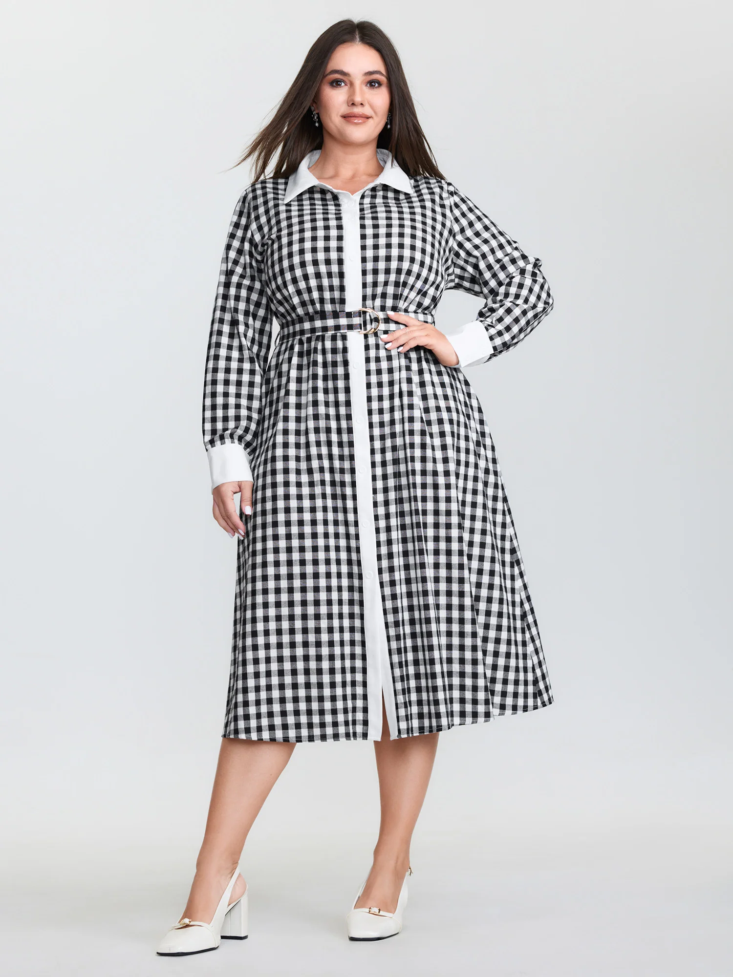 Checkered Pattern Color Contrast Shirt Midi Dress - Image 4