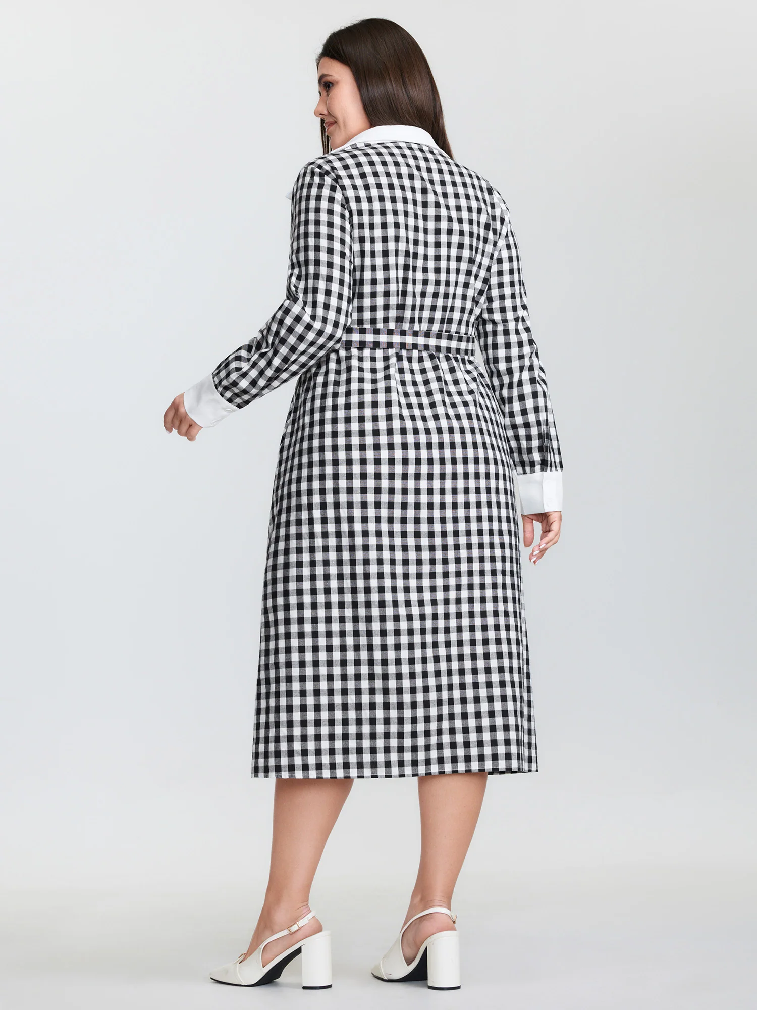 Checkered Pattern Color Contrast Shirt Midi Dress - Image 5